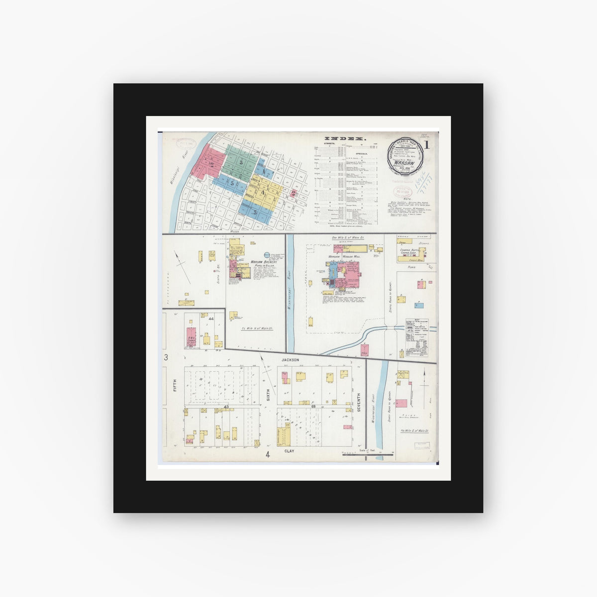 Old map wall art mockup — black gallery frame with white mat — Sanborn Fire Insurance Map from Warsaw, Hancock County, Illinois (1898) - Complete Map Set