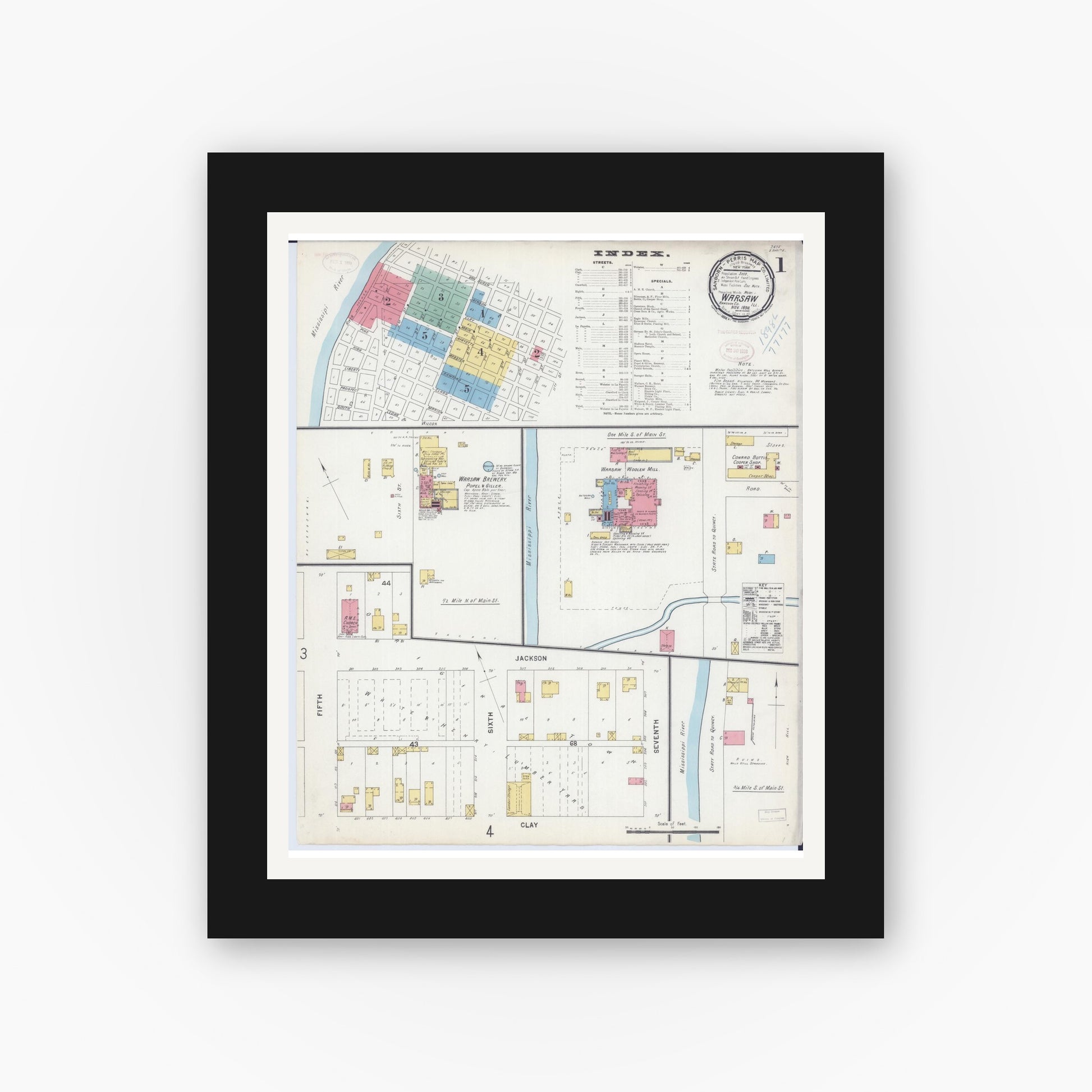 Old map wall art mockup — black gallery frame with white mat — Sanborn Fire Insurance Map from Warsaw, Hancock County, Illinois (1898) - Complete Map Set