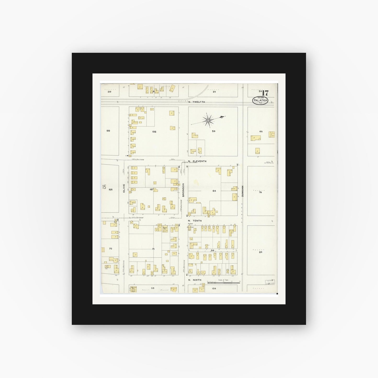 Old map wall art mockup — black gallery frame with white mat — Sanborn Fire Insurance Map from Palatka, Putnam County, Florida (1909), Sheet #0017