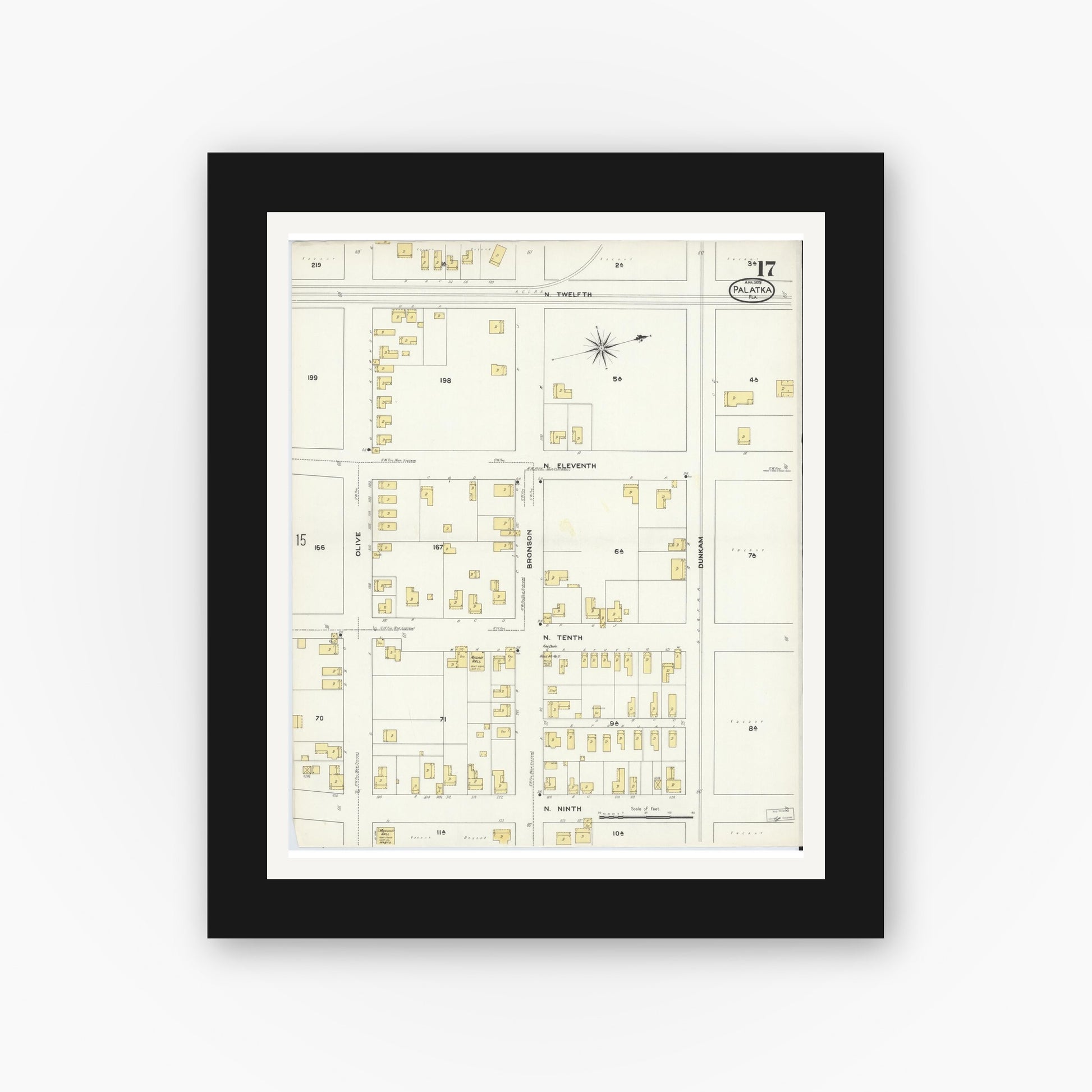 Old map wall art mockup — black gallery frame with white mat — Sanborn Fire Insurance Map from Palatka, Putnam County, Florida (1909), Sheet #0017