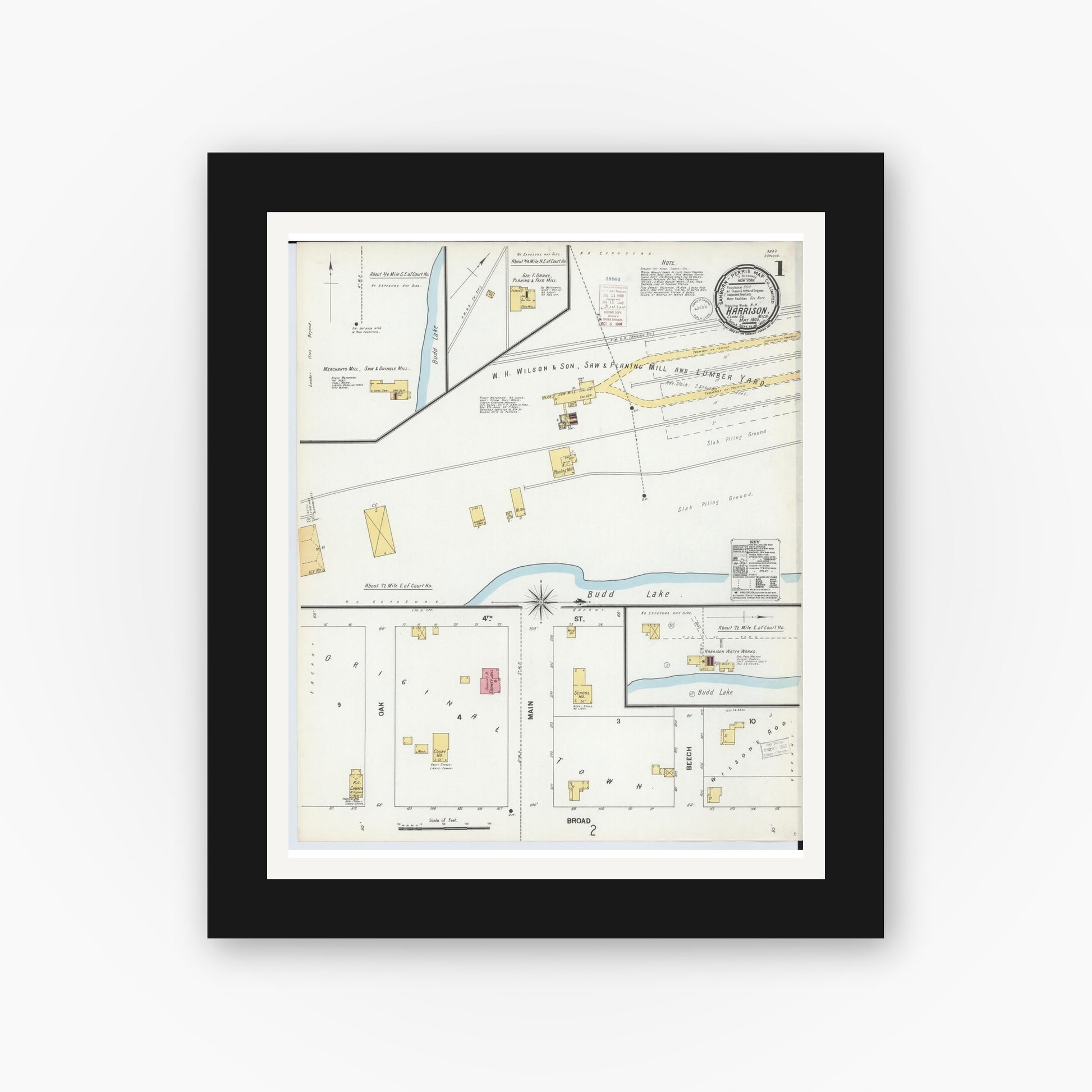 Old map wall art mockup — black gallery frame with white mat — Sanborn Fire Insurance Map from Harrison, Clare County, Michigan (1900) - Complete Map Set