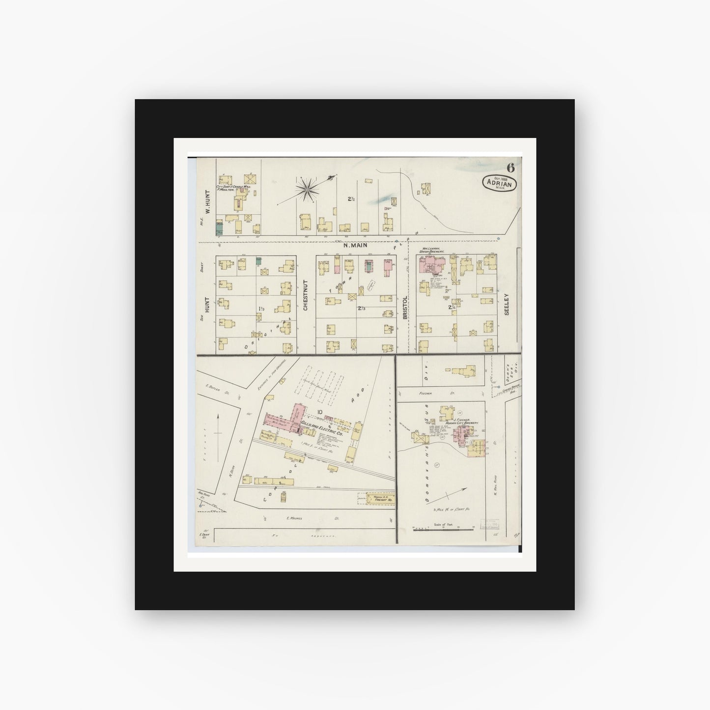 Old map wall art mockup — black gallery frame with white mat — Sanborn Fire Insurance Map from Adrian, Lenawee County, Michigan (1888), Sheet #0006