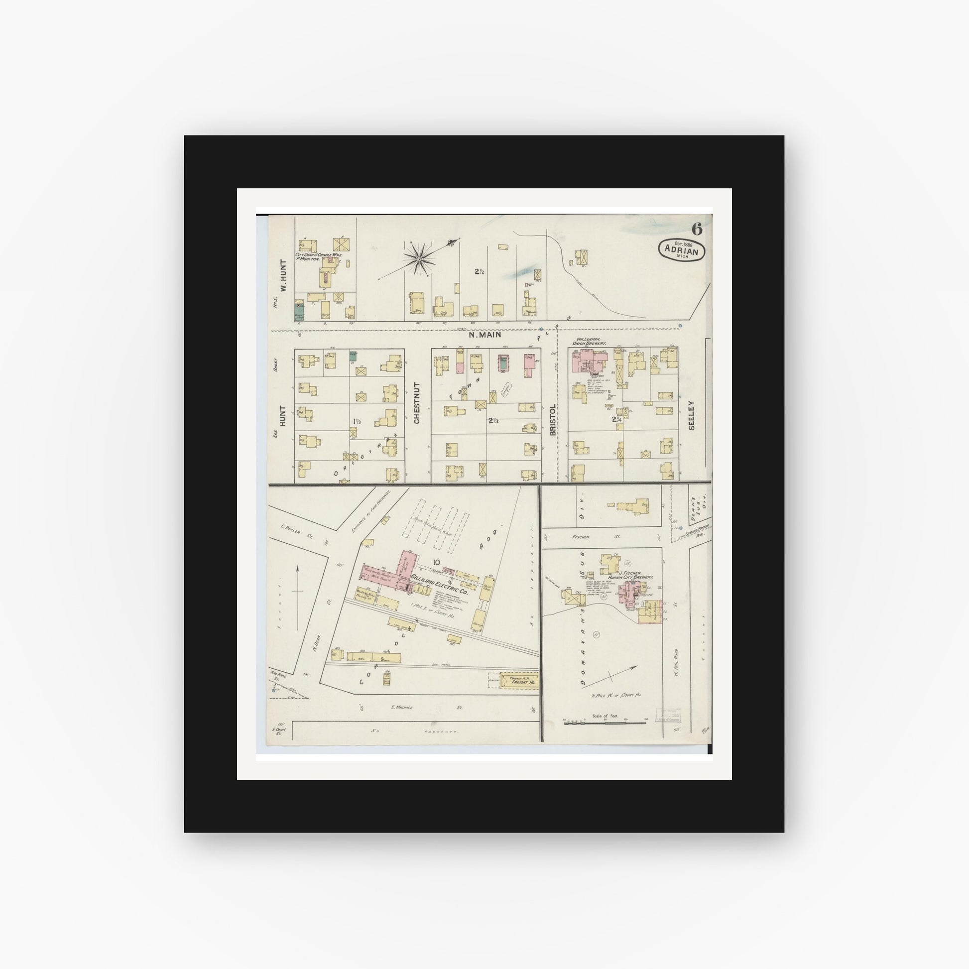 Old map wall art mockup — black gallery frame with white mat — Sanborn Fire Insurance Map from Adrian, Lenawee County, Michigan (1888), Sheet #0006