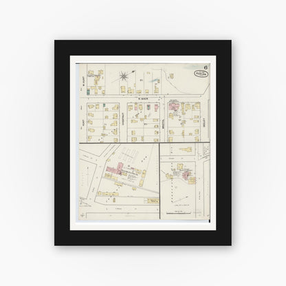 Old map wall art mockup — black gallery frame with white mat — Sanborn Fire Insurance Map from Adrian, Lenawee County, Michigan (1888), Sheet #0006