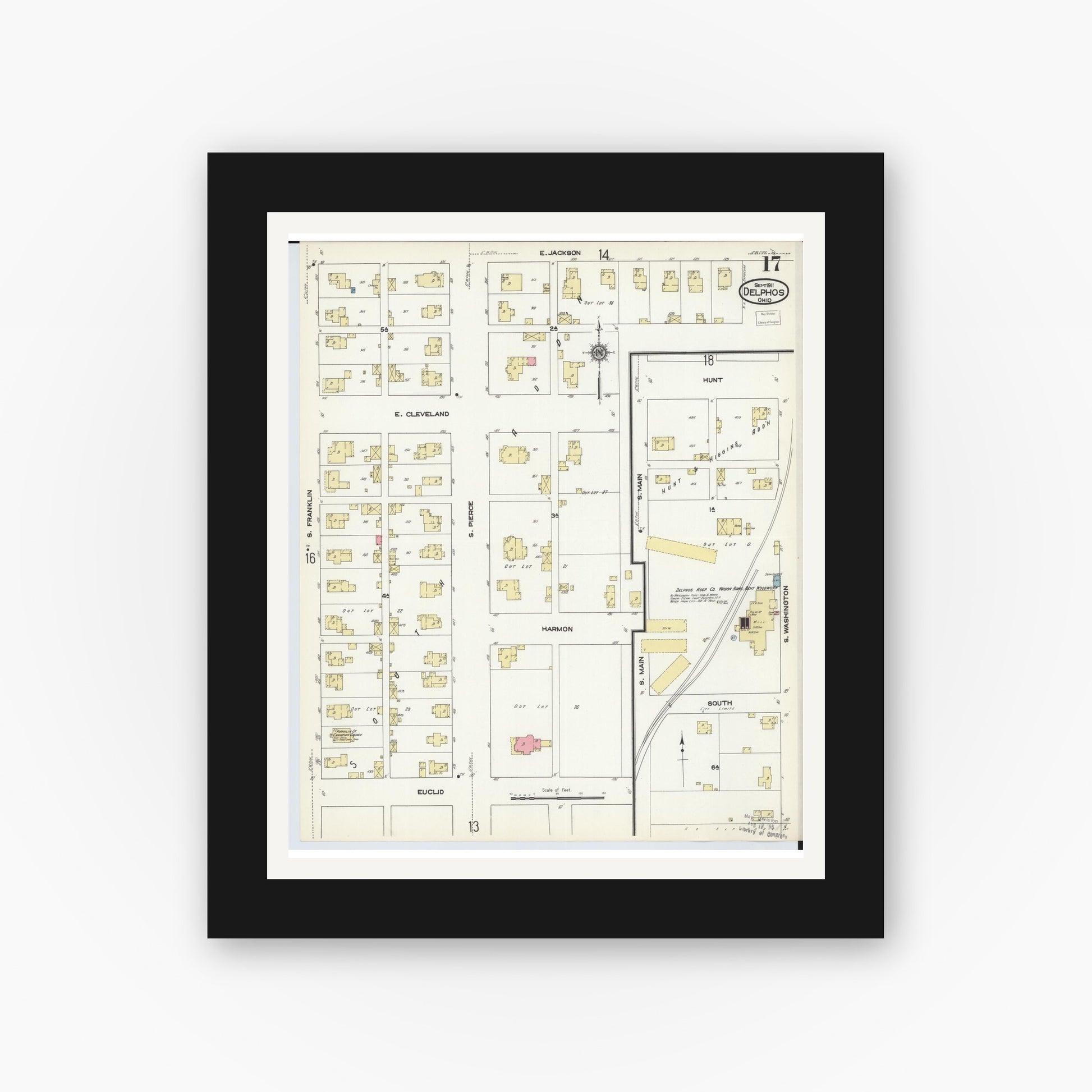 Old map wall art mockup — black gallery frame with white mat — Sanborn Fire Insurance Map from Delphos, Van Wert And Allen Counties, Ohio (1911), Sheet #0017