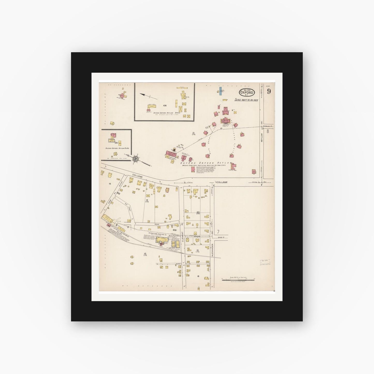 Old map wall art mockup — black gallery frame with white mat — Sanborn Fire Insurance Map from Oxford, Granville County, North Carolina (1922), Sheet #0009