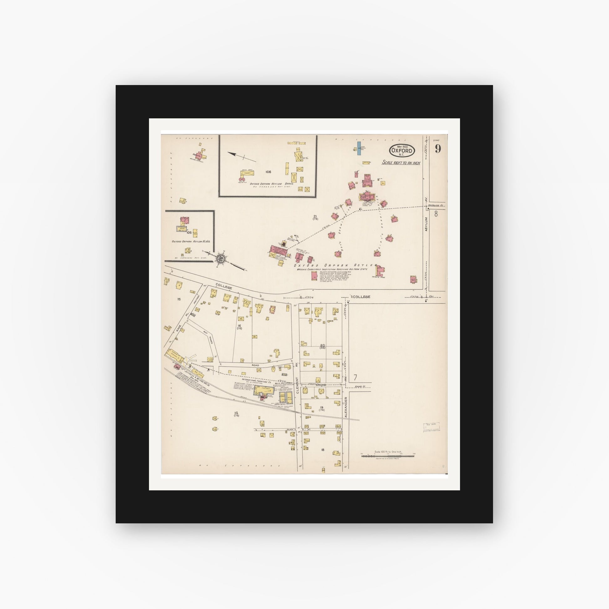 Old map wall art mockup — black gallery frame with white mat — Sanborn Fire Insurance Map from Oxford, Granville County, North Carolina (1922), Sheet #0009