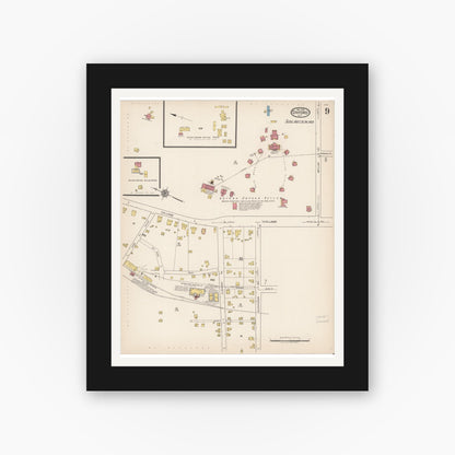 Old map wall art mockup — black gallery frame with white mat — Sanborn Fire Insurance Map from Oxford, Granville County, North Carolina (1922), Sheet #0009