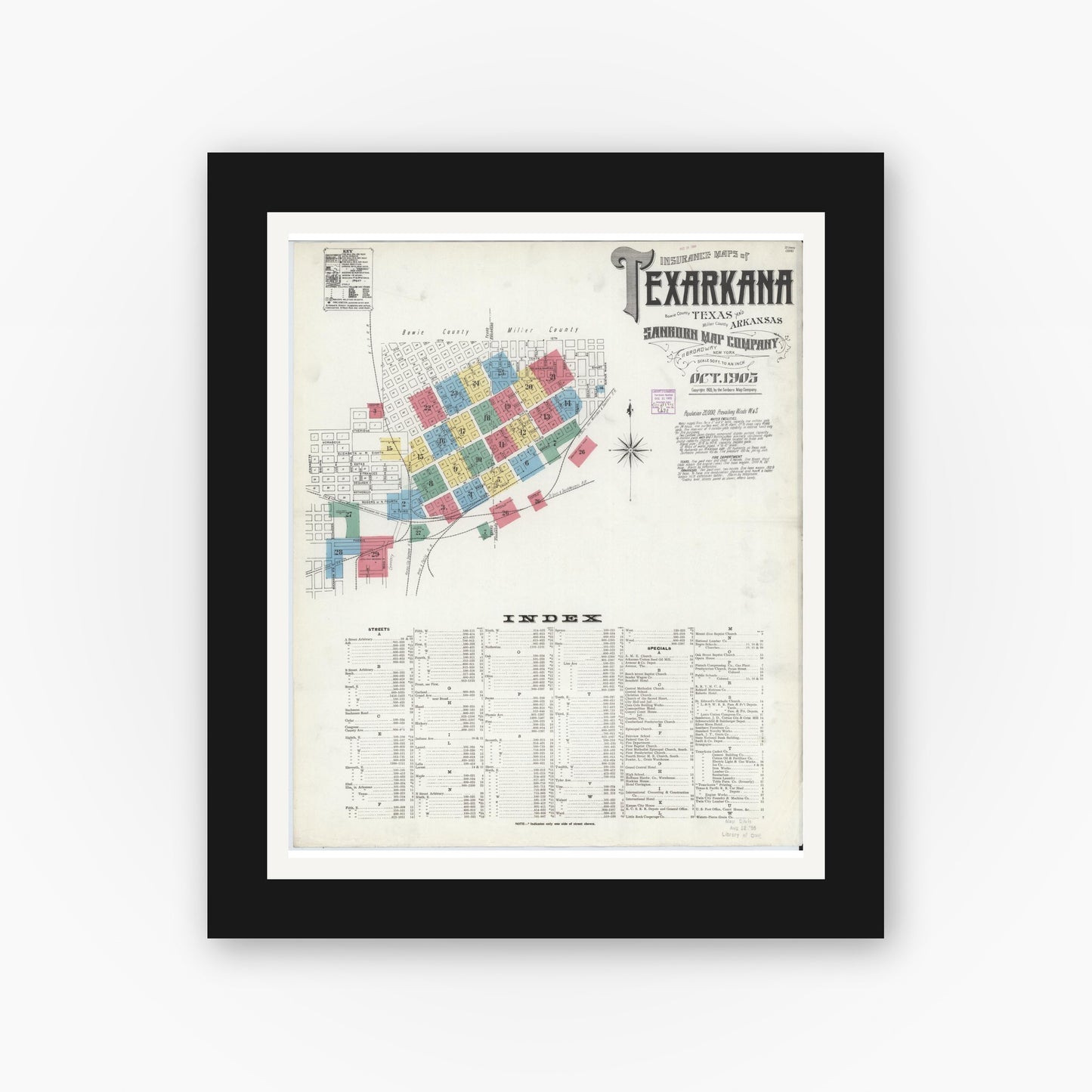Old map wall art mockup — black gallery frame with white mat — Sanborn Fire Insurance Map from Texarkana, Bowie County, Texas (1905) - Complete Map Set