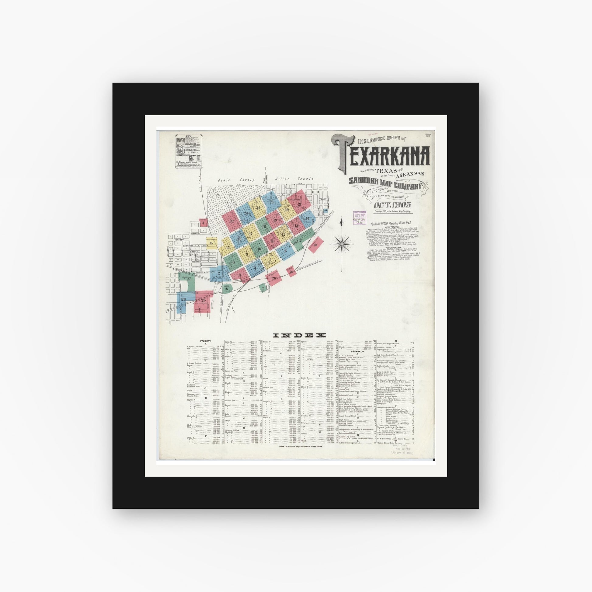Old map wall art mockup — black gallery frame with white mat — Sanborn Fire Insurance Map from Texarkana, Bowie County, Texas (1905) - Complete Map Set