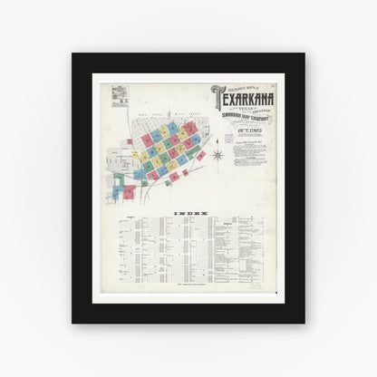 Old map wall art mockup — black gallery frame with white mat — Sanborn Fire Insurance Map from Texarkana, Bowie County, Texas (1905) - Complete Map Set