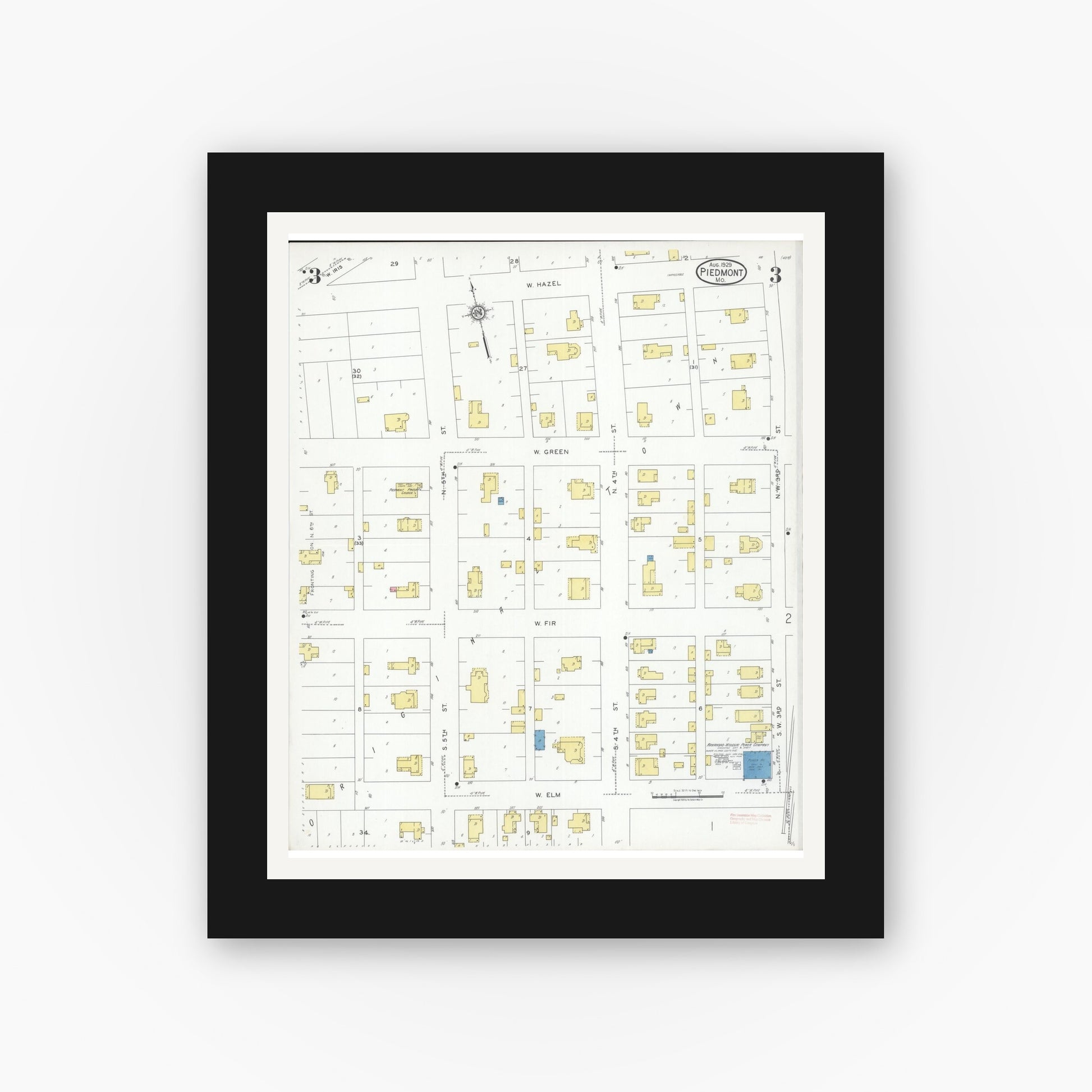 Old map wall art mockup — black gallery frame with white mat — Sanborn Fire Insurance Map from Piedmont, Wayne County, Missouri (1929), Sheet #0003