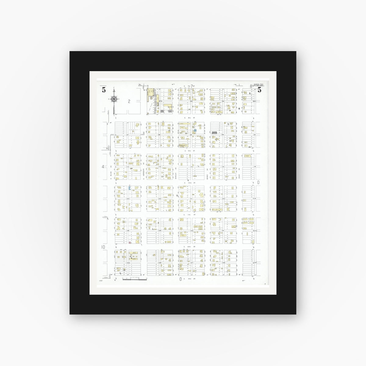 Old map wall art mockup — black gallery frame with white mat — Sanborn Fire Insurance Map from Dumas, Moore County, Texas (1950), Sheet #0005