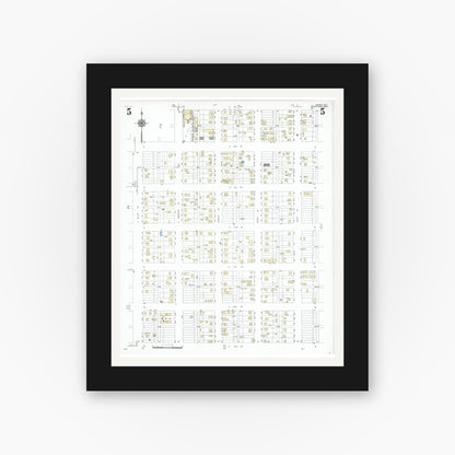 Old map wall art mockup — black gallery frame with white mat — Sanborn Fire Insurance Map from Dumas, Moore County, Texas (1950), Sheet #0005