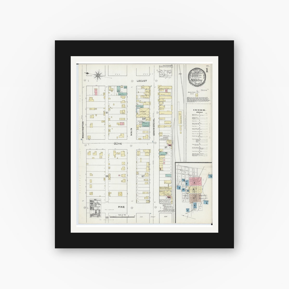 Old map wall art mockup — black gallery frame with white mat — Sanborn Fire Insurance Map from Pierce City, Lawrence County, Missouri (1891) - Complete Map Set