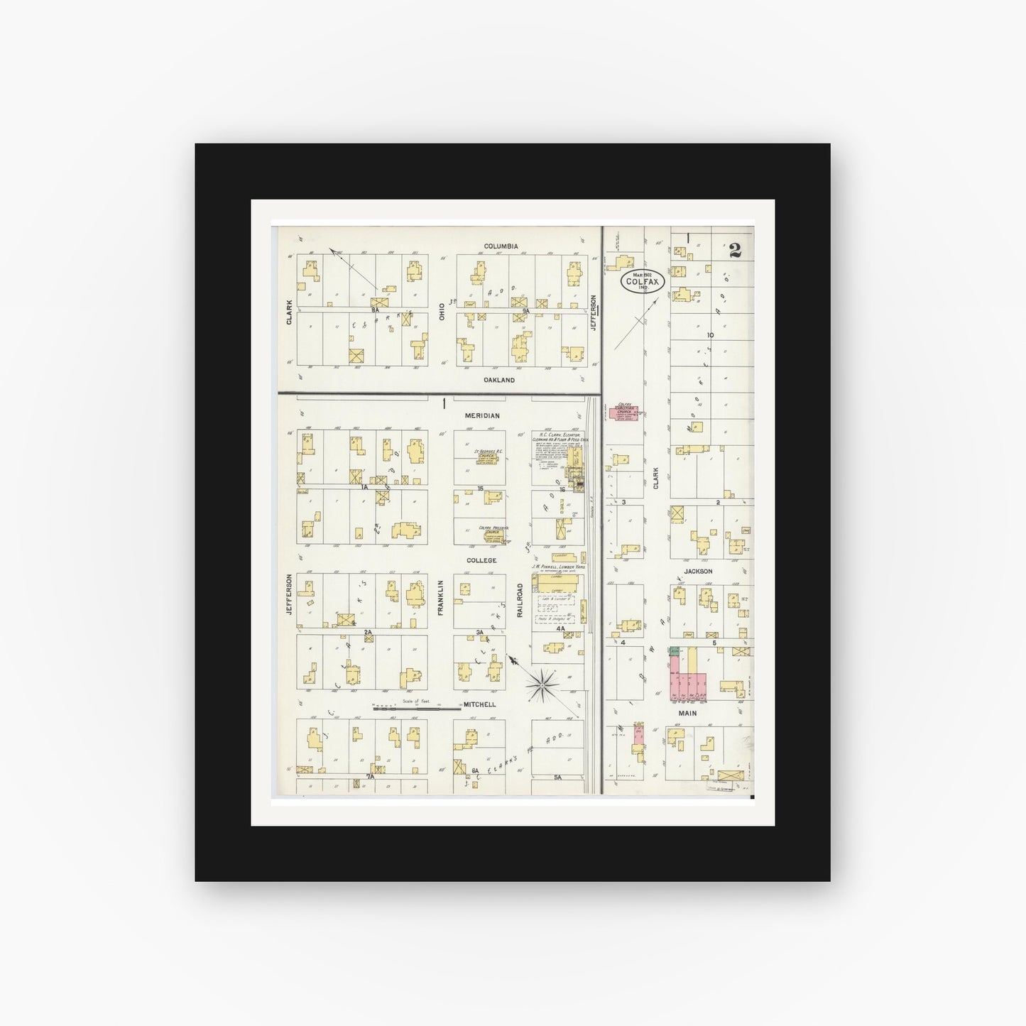Old map wall art mockup — black gallery frame with white mat — Sanborn Fire Insurance Map from Colfax, Clinton County, Indiana (1902), Sheet #0002