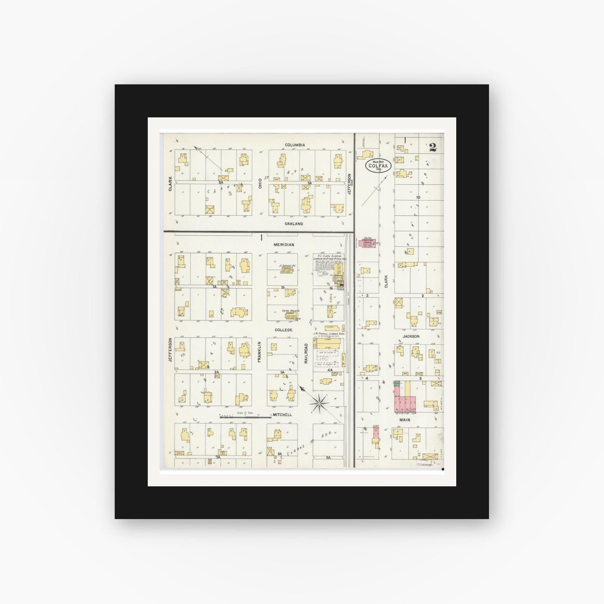 Old map wall art mockup — black gallery frame with white mat — Sanborn Fire Insurance Map from Colfax, Clinton County, Indiana (1902), Sheet #0002