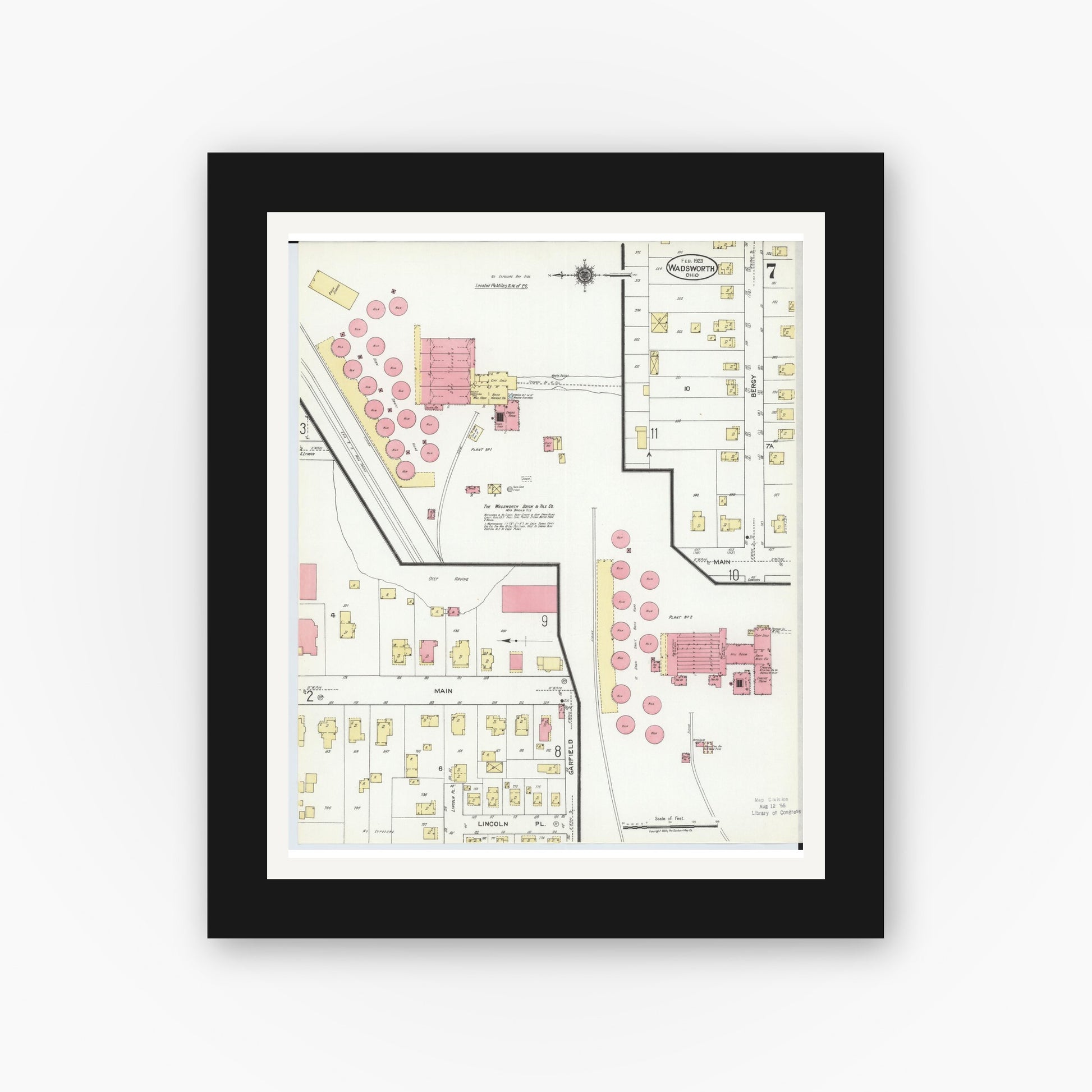 Old map wall art mockup — black gallery frame with white mat — Sanborn Fire Insurance Map from Wadsworth, Medina County, Ohio (1923), Sheet #0007