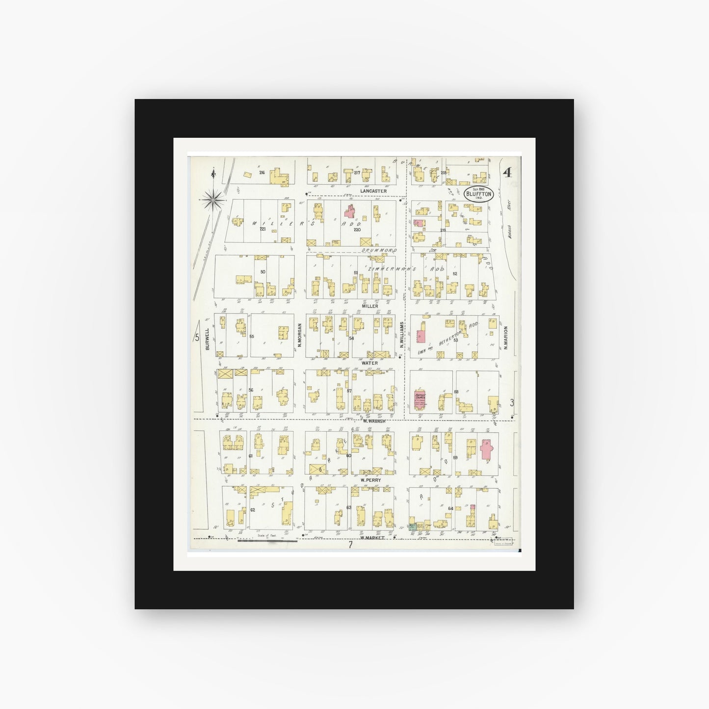Old map wall art mockup — black gallery frame with white mat — Sanborn Fire Insurance Map from Bluffton, Wells County, Indiana (1900), Sheet #0004