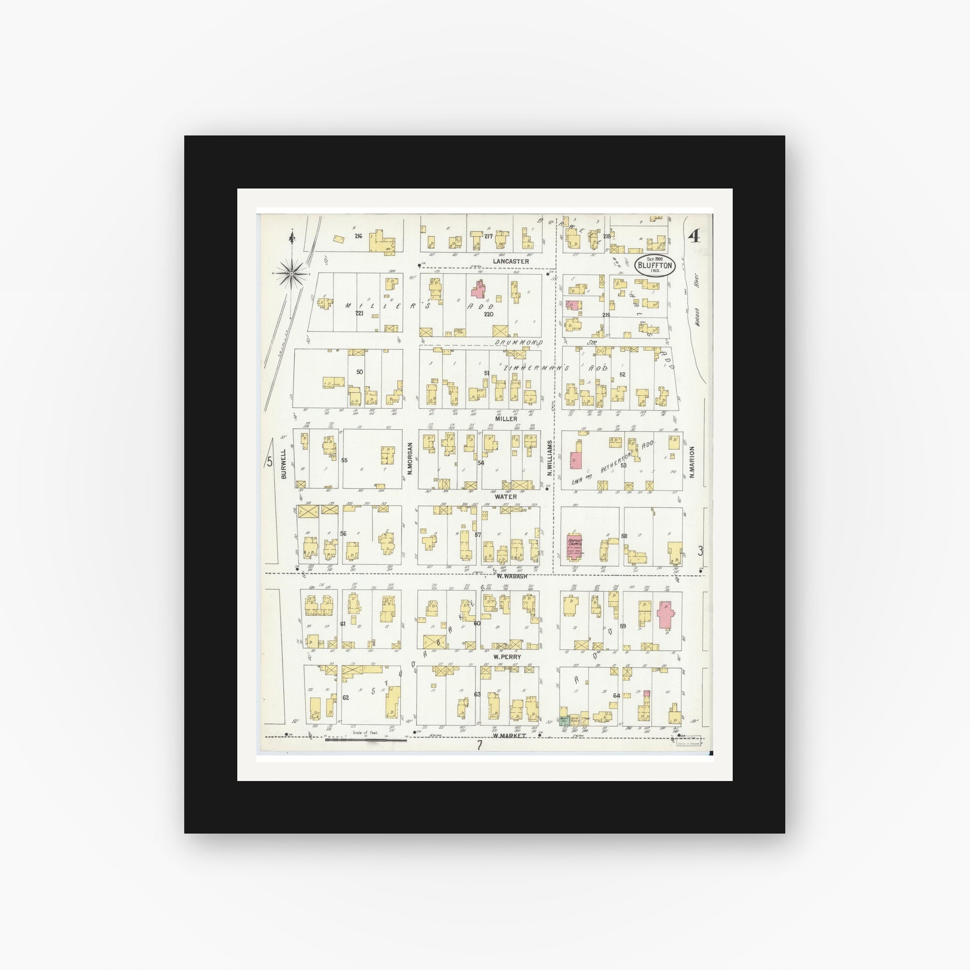 Old map wall art mockup — black gallery frame with white mat — Sanborn Fire Insurance Map from Bluffton, Wells County, Indiana (1900), Sheet #0004