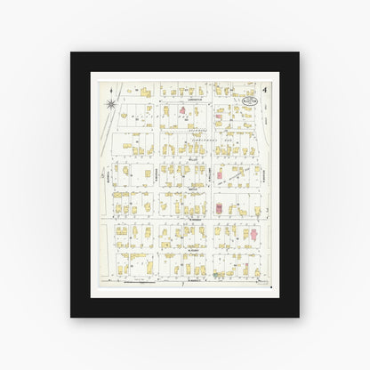 Old map wall art mockup — black gallery frame with white mat — Sanborn Fire Insurance Map from Bluffton, Wells County, Indiana (1900), Sheet #0004