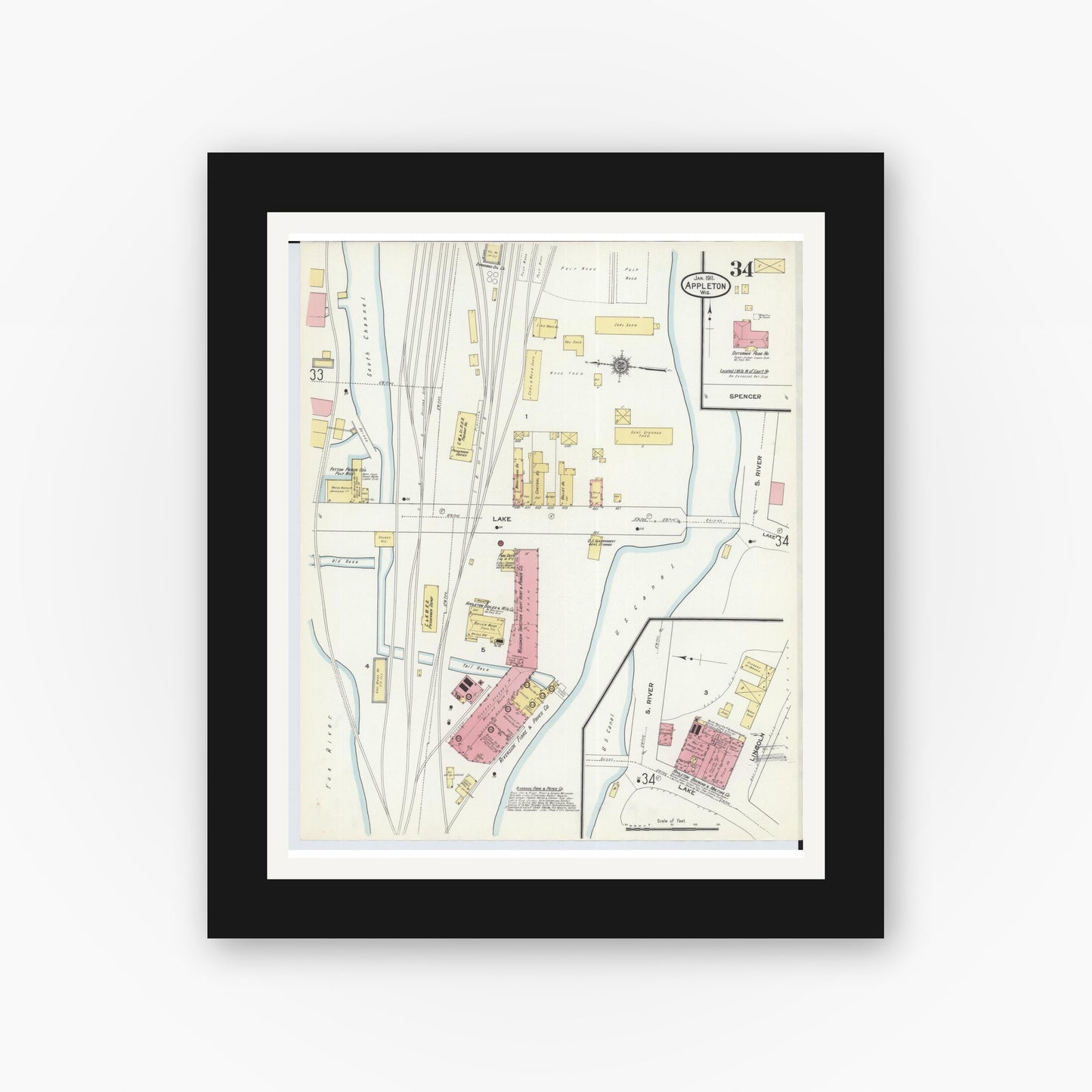 Old map wall art mockup — black gallery frame with white mat — Sanborn Fire Insurance Map from Appleton, Outagamie County, Wisconsin (1911), Sheet #0034