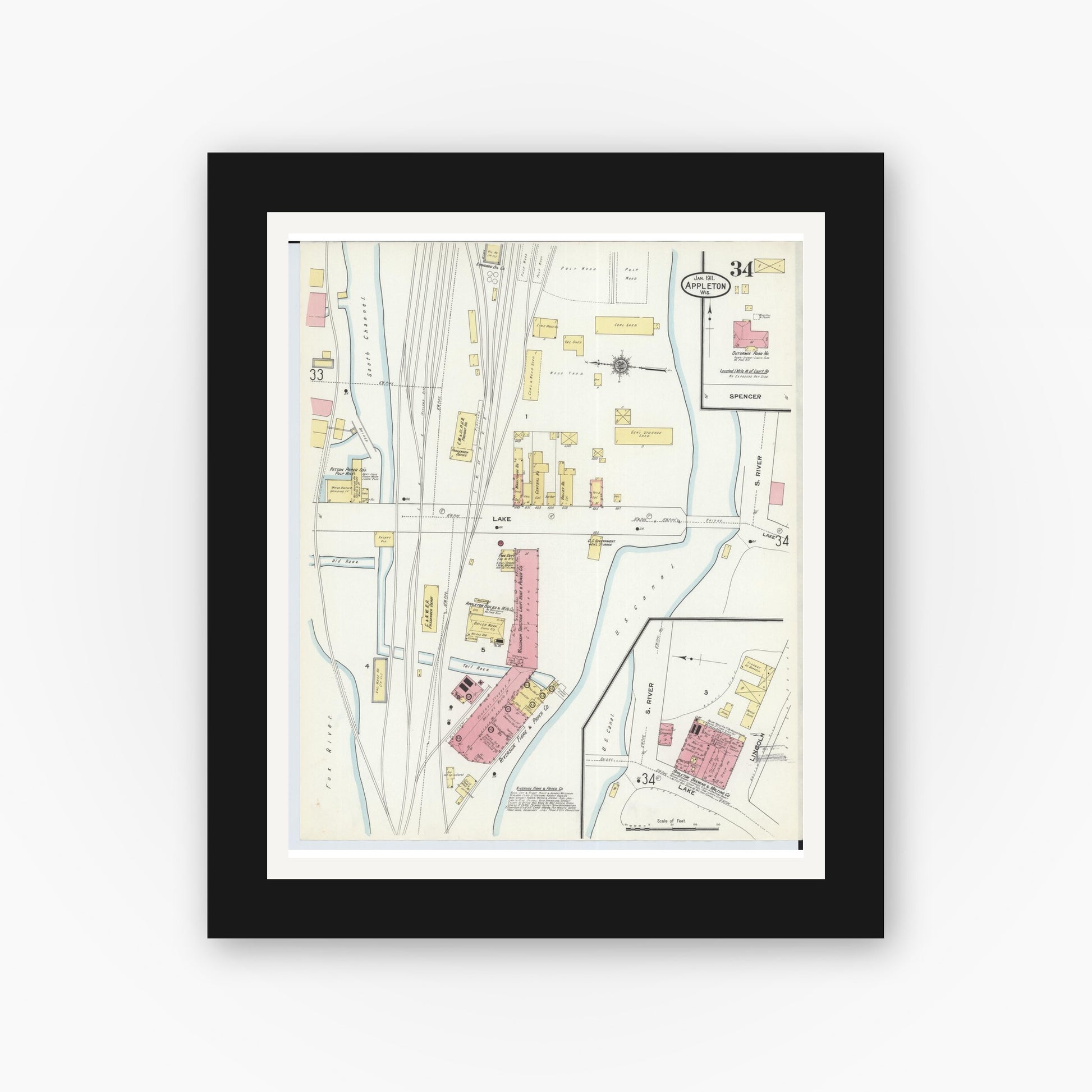 Old map wall art mockup — black gallery frame with white mat — Sanborn Fire Insurance Map from Appleton, Outagamie County, Wisconsin (1911), Sheet #0034