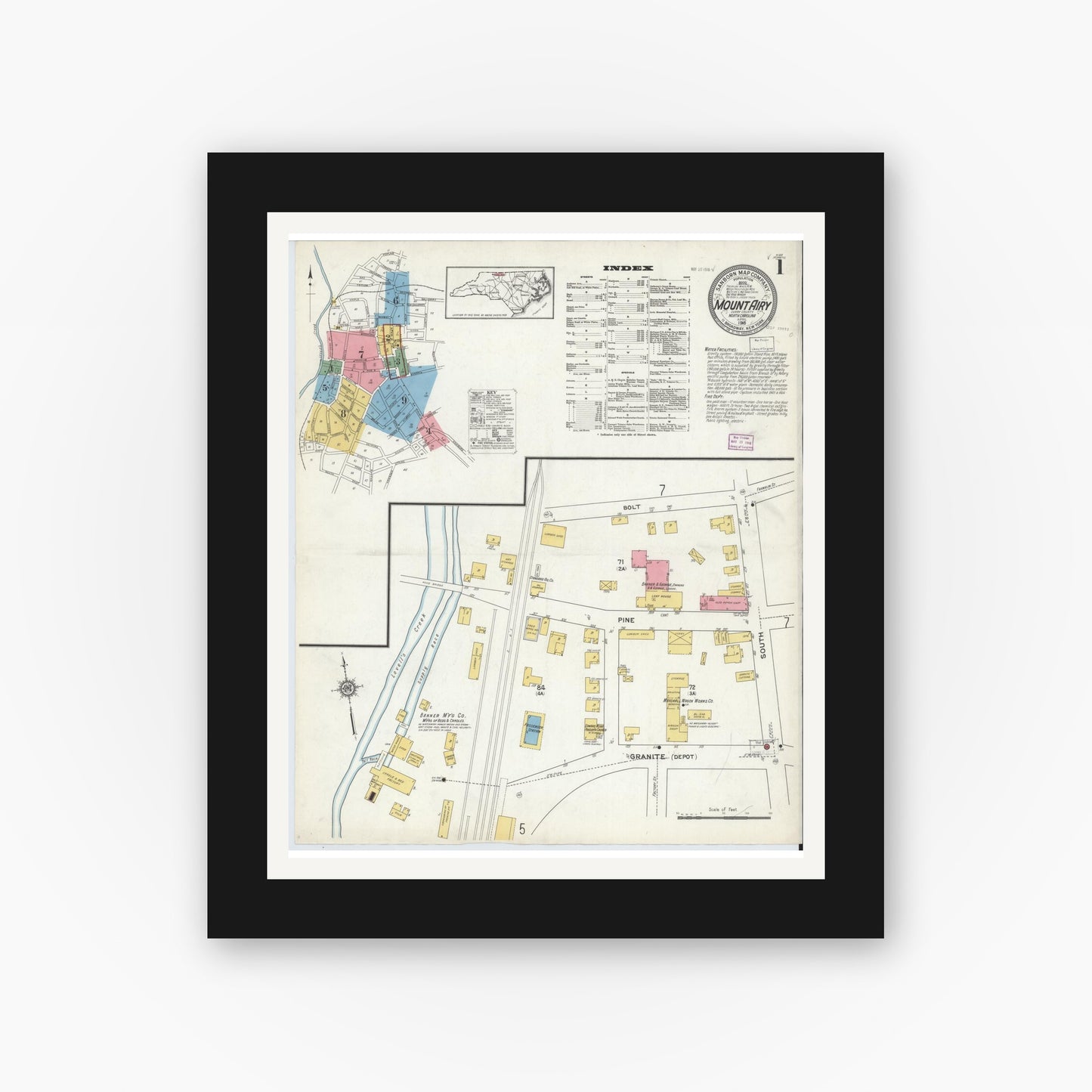 Old map wall art mockup — black gallery frame with white mat — Sanborn Fire Insurance Map from Mount Airy, Surry County, North Carolina (1916), Sheet #0001