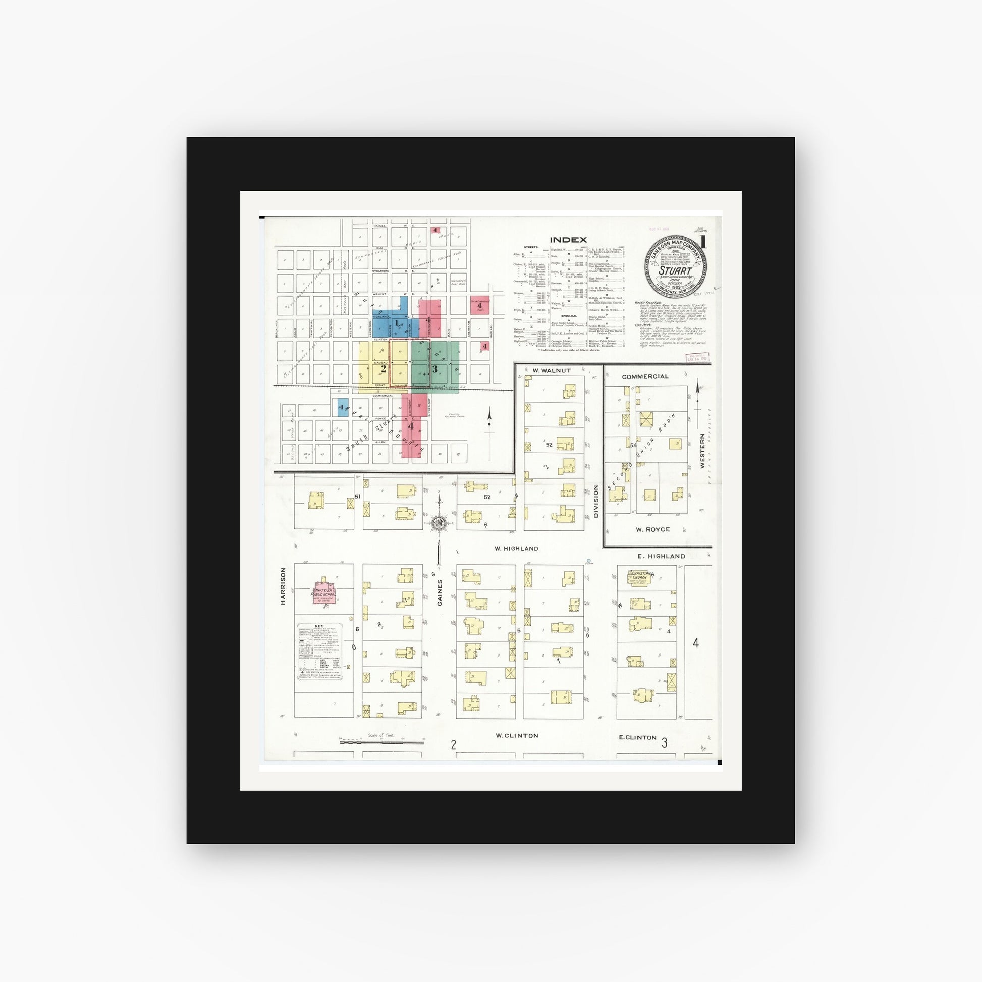 Old map wall art mockup — black gallery frame with white mat — Sanborn Fire Insurance Map from Stuart, Guthrie and Adair Counties, Iowa (1909), Sheet #0001