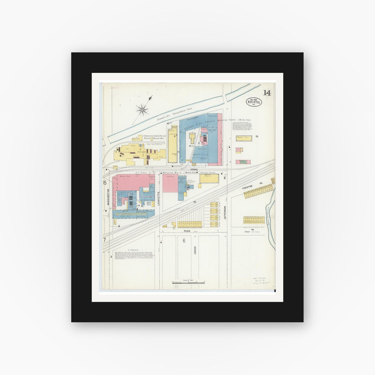 Old map wall art mockup — black gallery frame with white mat — Sanborn Fire Insurance Map from Bristol, Bucks County, Pennsylvania (1903), Sheet #0014