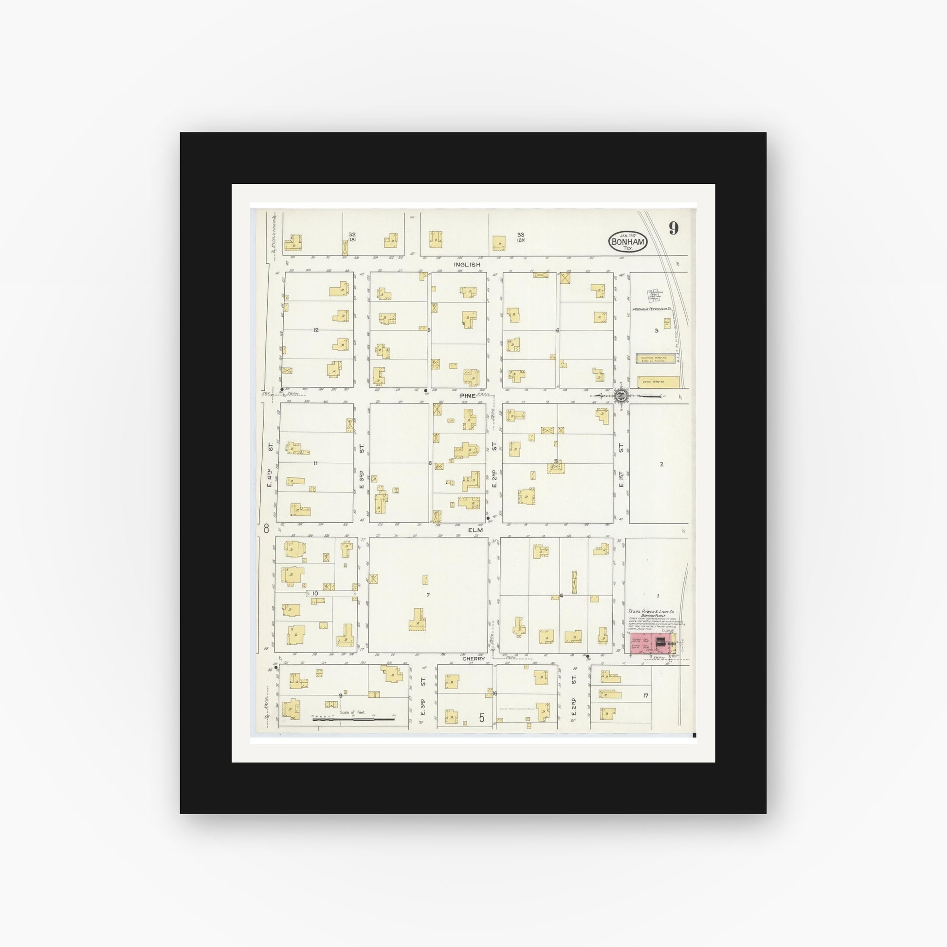 Old map wall art mockup — black gallery frame with white mat — Sanborn Fire Insurance Map from Bonham, Fannin County, Texas (1917), Sheet #0009