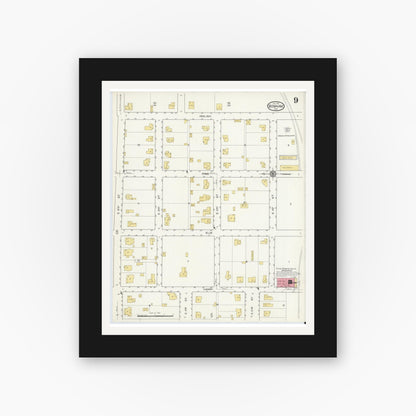 Old map wall art mockup — black gallery frame with white mat — Sanborn Fire Insurance Map from Bonham, Fannin County, Texas (1917), Sheet #0009