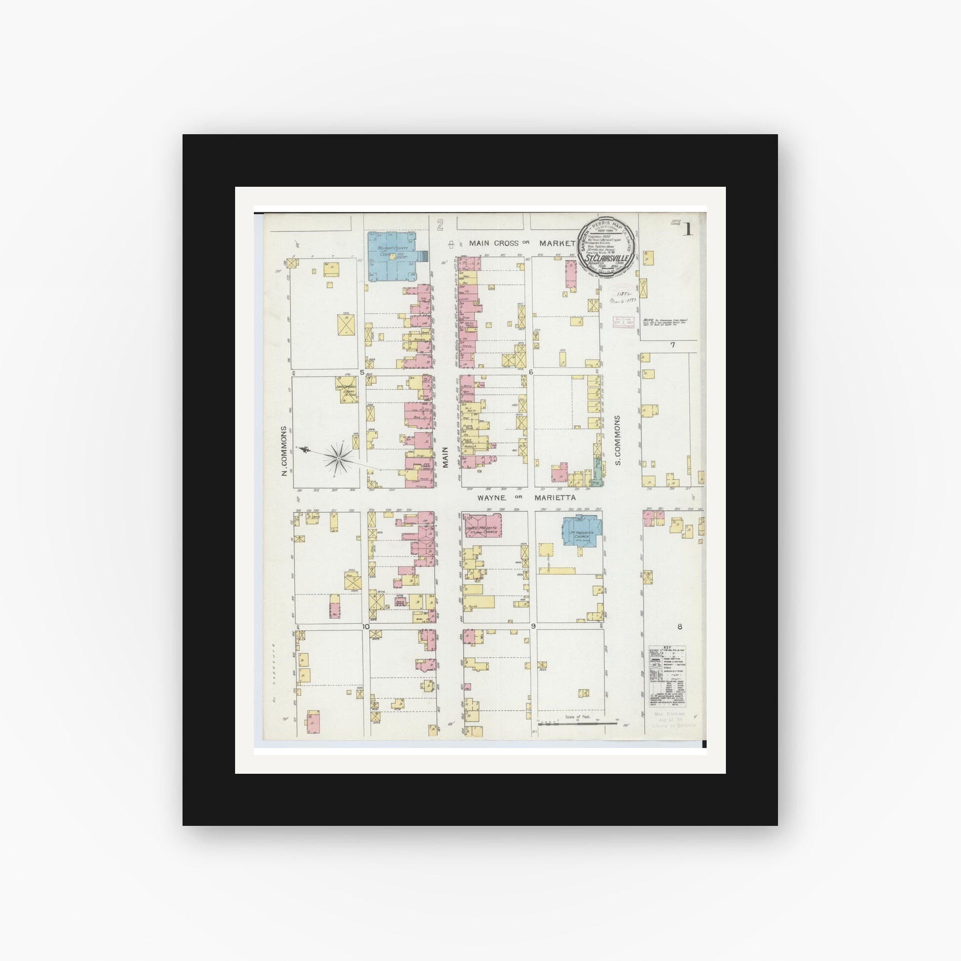 Old map wall art mockup — black gallery frame with white mat — Sanborn Fire Insurance Map from Saint Clairsville, Belmont County, Ohio (1893), Sheet #0001