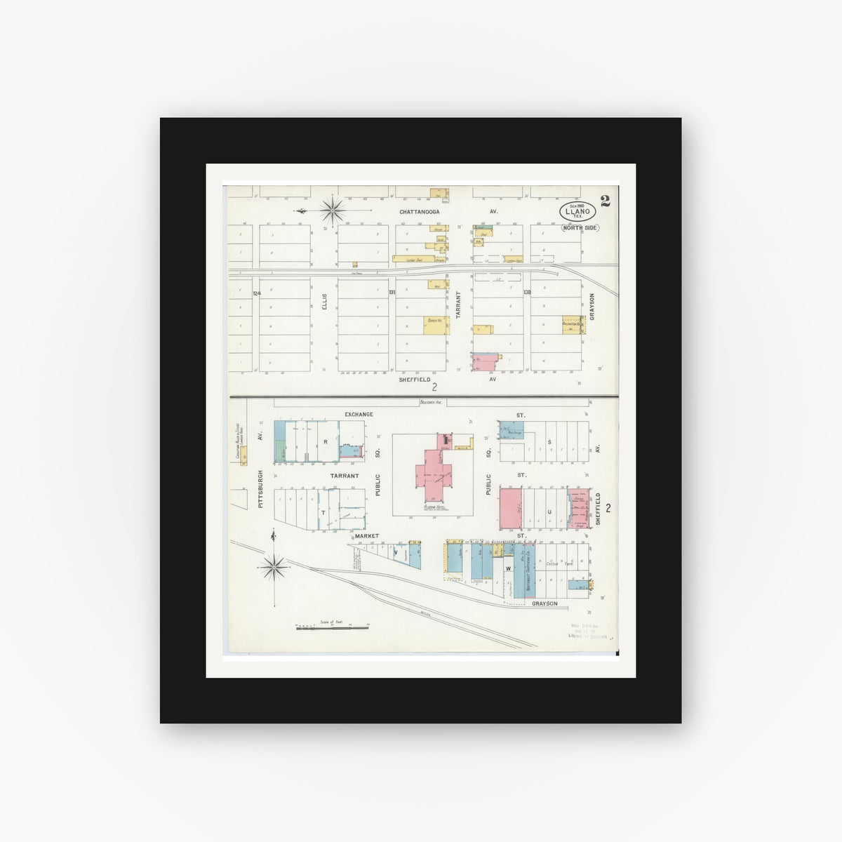 Old map wall art mockup — black gallery frame with white mat — Sanborn Fire Insurance Map from Llano, Llano County, Texas (1900), Sheet #0002