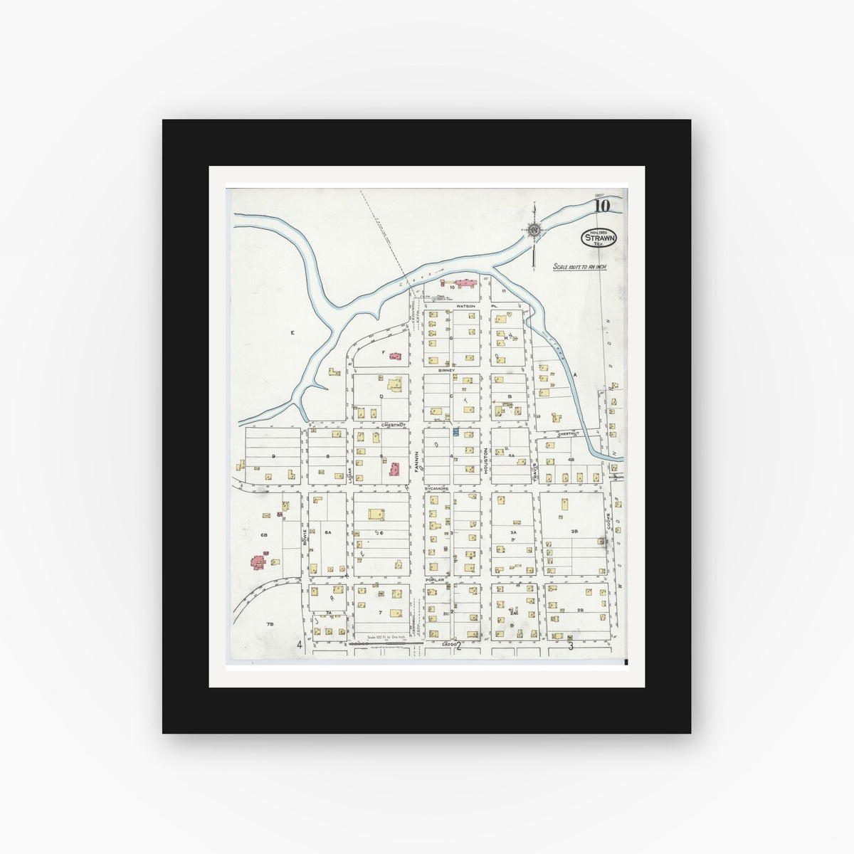 Old map wall art mockup — black gallery frame with white mat — Sanborn Fire Insurance Map from Strawn, Palo Pinto County, Texas (1920), Sheet #0010