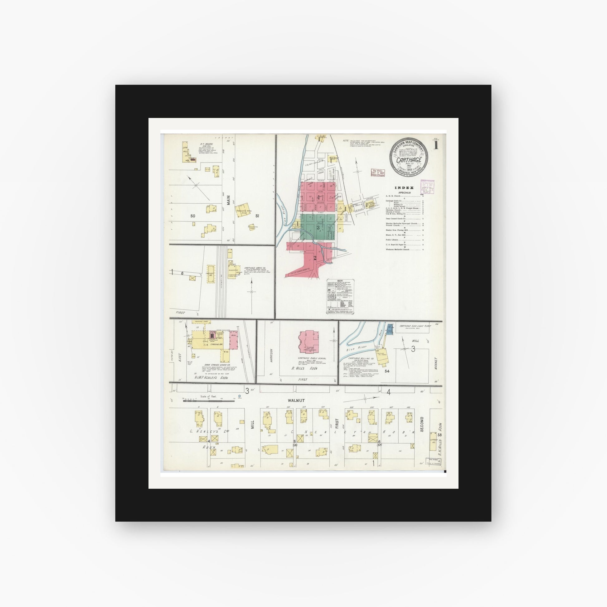 Old map wall art mockup — black gallery frame with white mat — Sanborn Fire Insurance Map from Carthage, Rush County, Indiana (1907), Sheet #0001