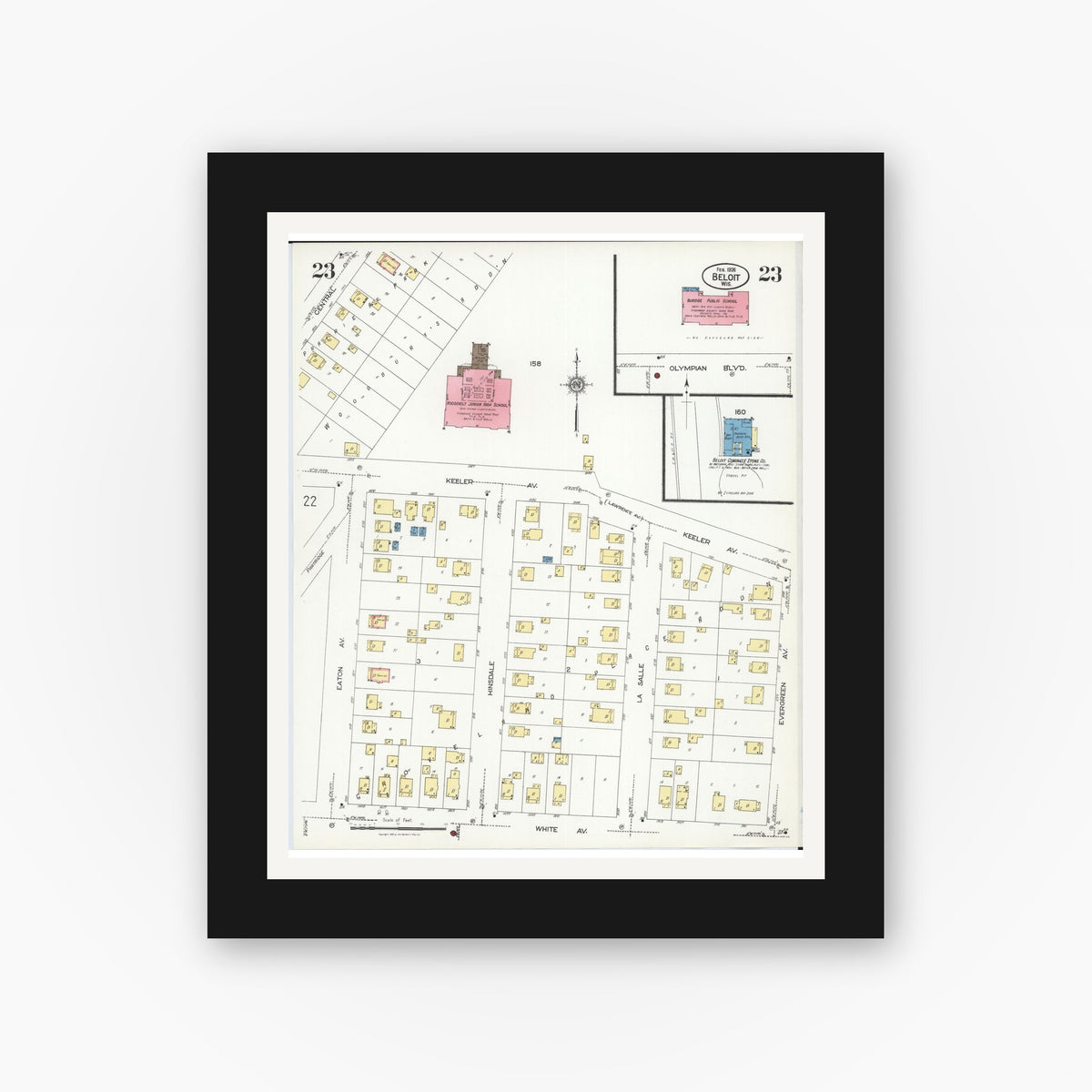 Old map wall art mockup — black gallery frame with white mat — Sanborn Fire Insurance Map from Beloit, Rock County, Wisconsin (1926), Sheet #0023
