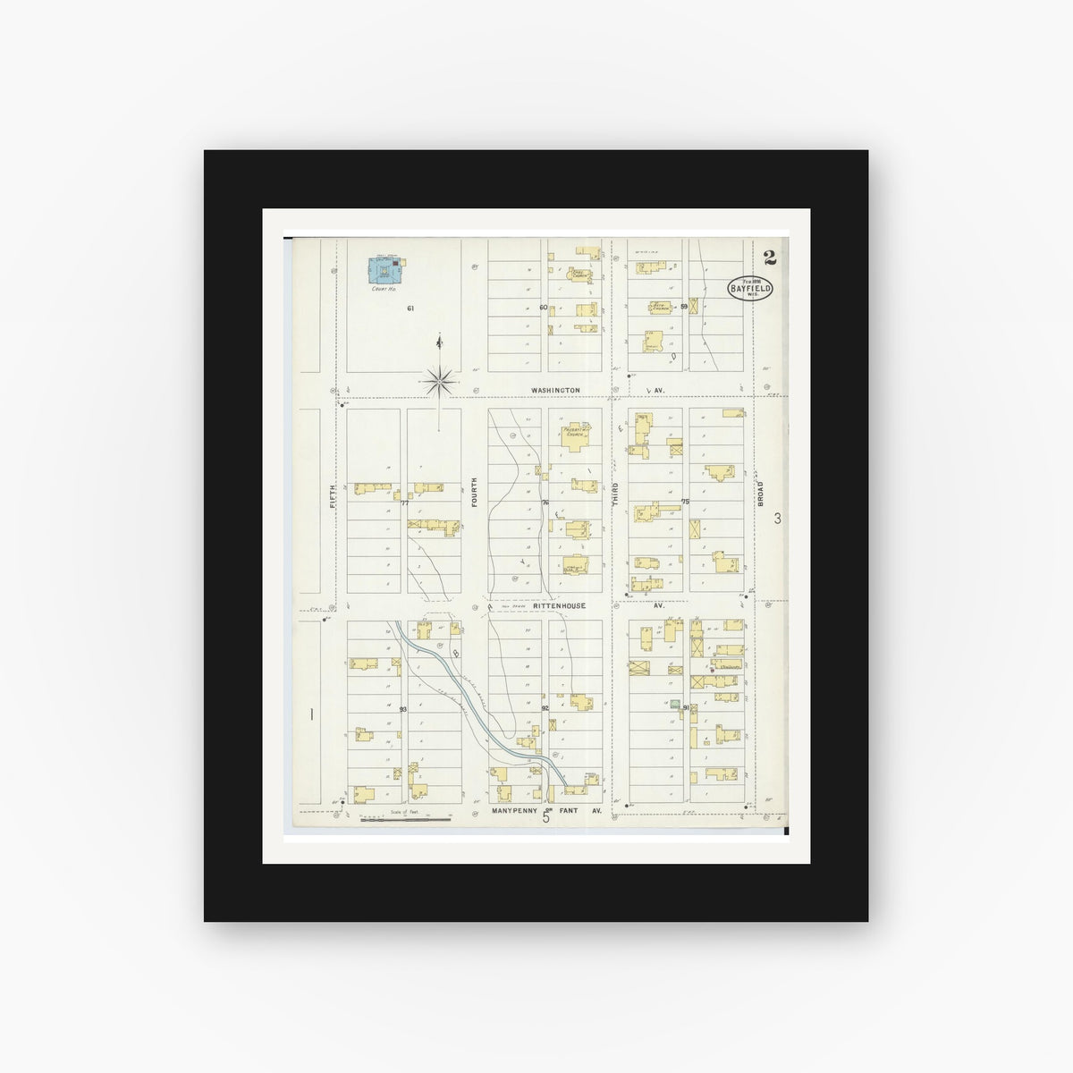 Old map wall art mockup — black gallery frame with white mat — Sanborn Fire Insurance Map from Bayfield, Bayfield County, Wisconsin (1898), Sheet #0002
