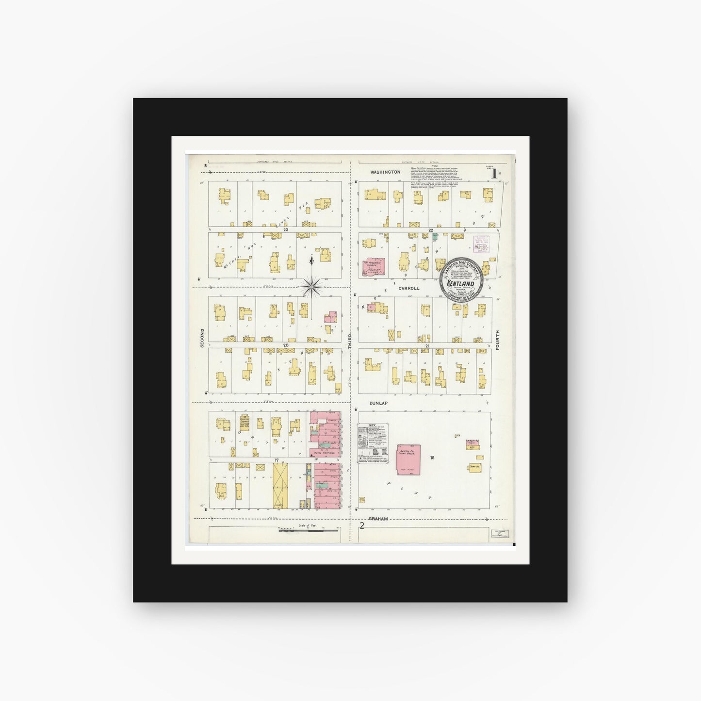 Old map wall art mockup — black gallery frame with white mat — Sanborn Fire Insurance Map from Kentland, Newton County, Indiana (1905) - Complete Map Set