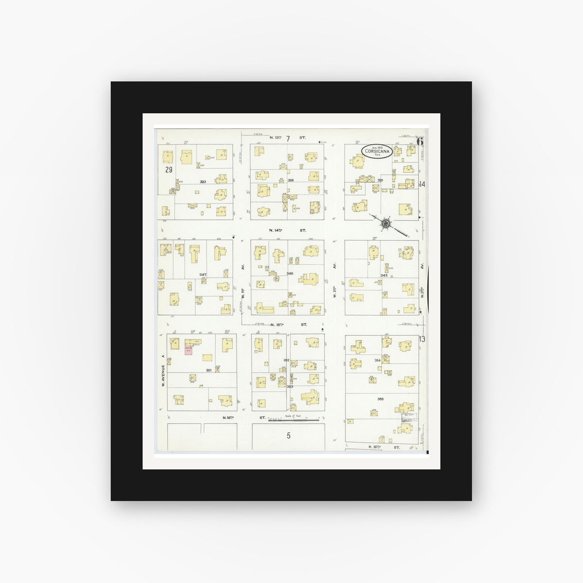 Old map wall art mockup — black gallery frame with white mat — Sanborn Fire Insurance Map from Corsicana, Navarro County, Texas (1910), Sheet #0006