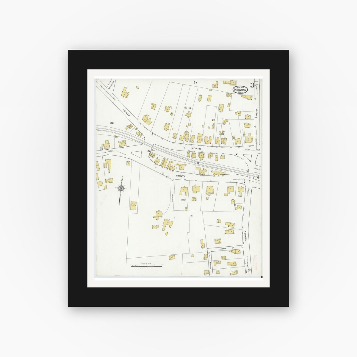 Old map wall art mockup — black gallery frame with white mat — Sanborn Fire Insurance Map from Hingham, Plymouth County, Massachusetts (1921), Sheet #0003