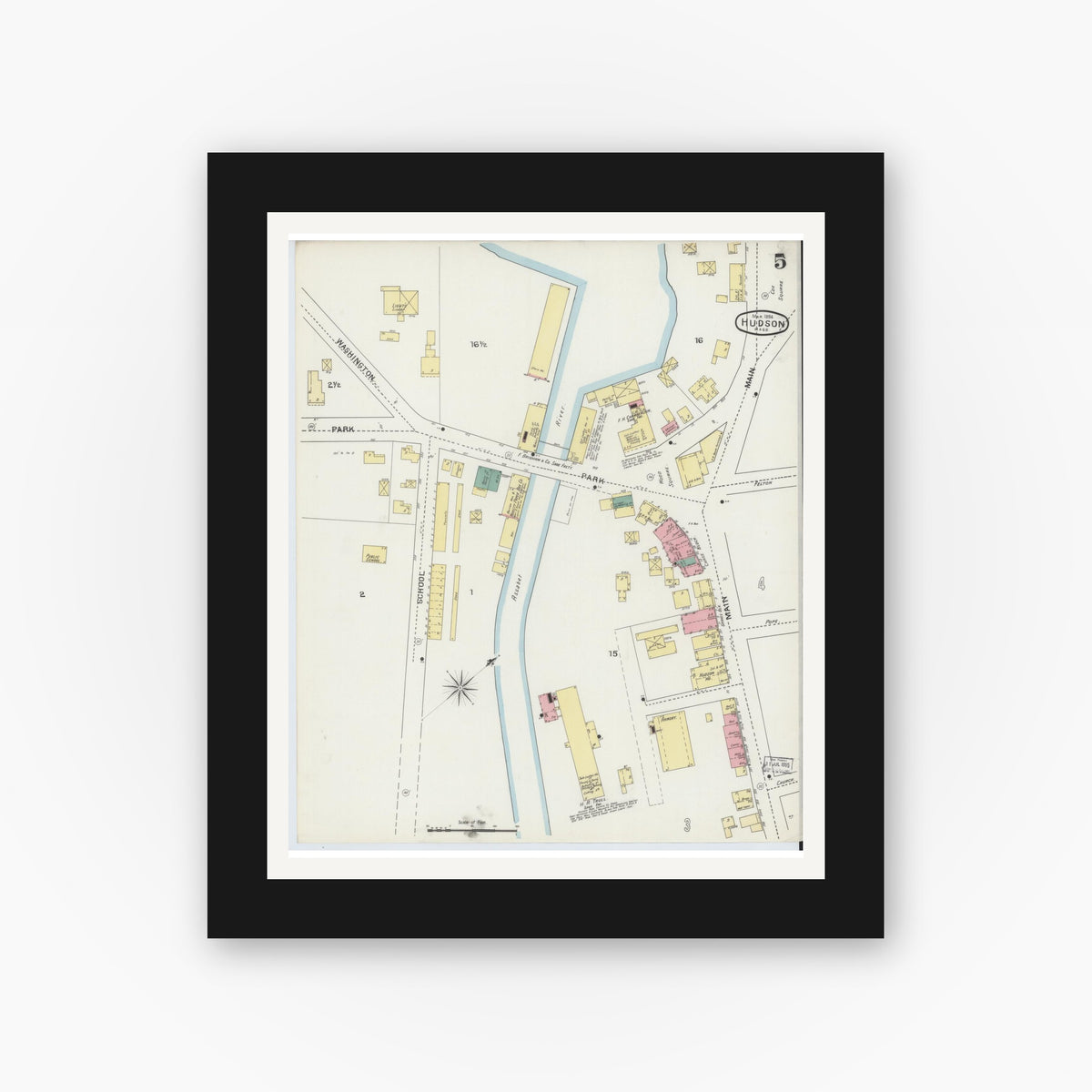 Old map wall art mockup — black gallery frame with white mat — Sanborn Fire Insurance Map from Hudson, Middlesex County, Massachusetts (1894), Sheet #0005
