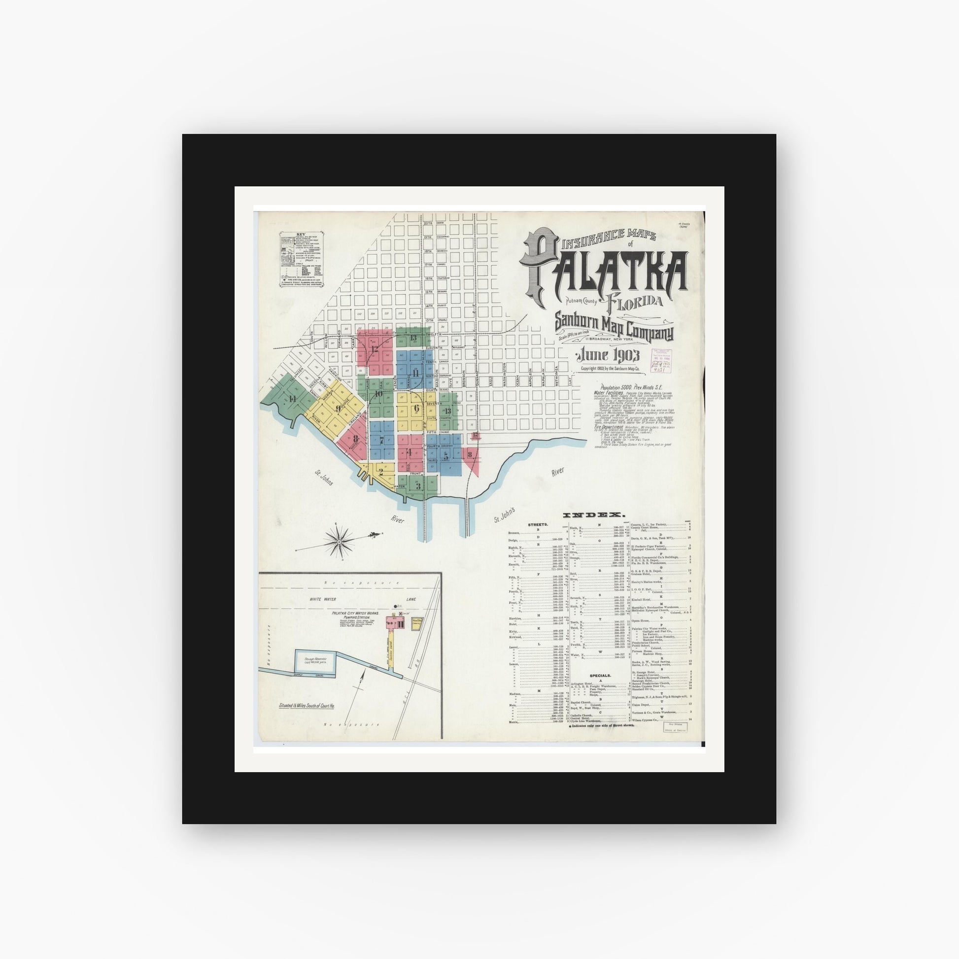 Old map wall art mockup — black gallery frame with white mat — Sanborn Fire Insurance Map from Palatka, Putnam County, Florida (1903), Sheet #0001