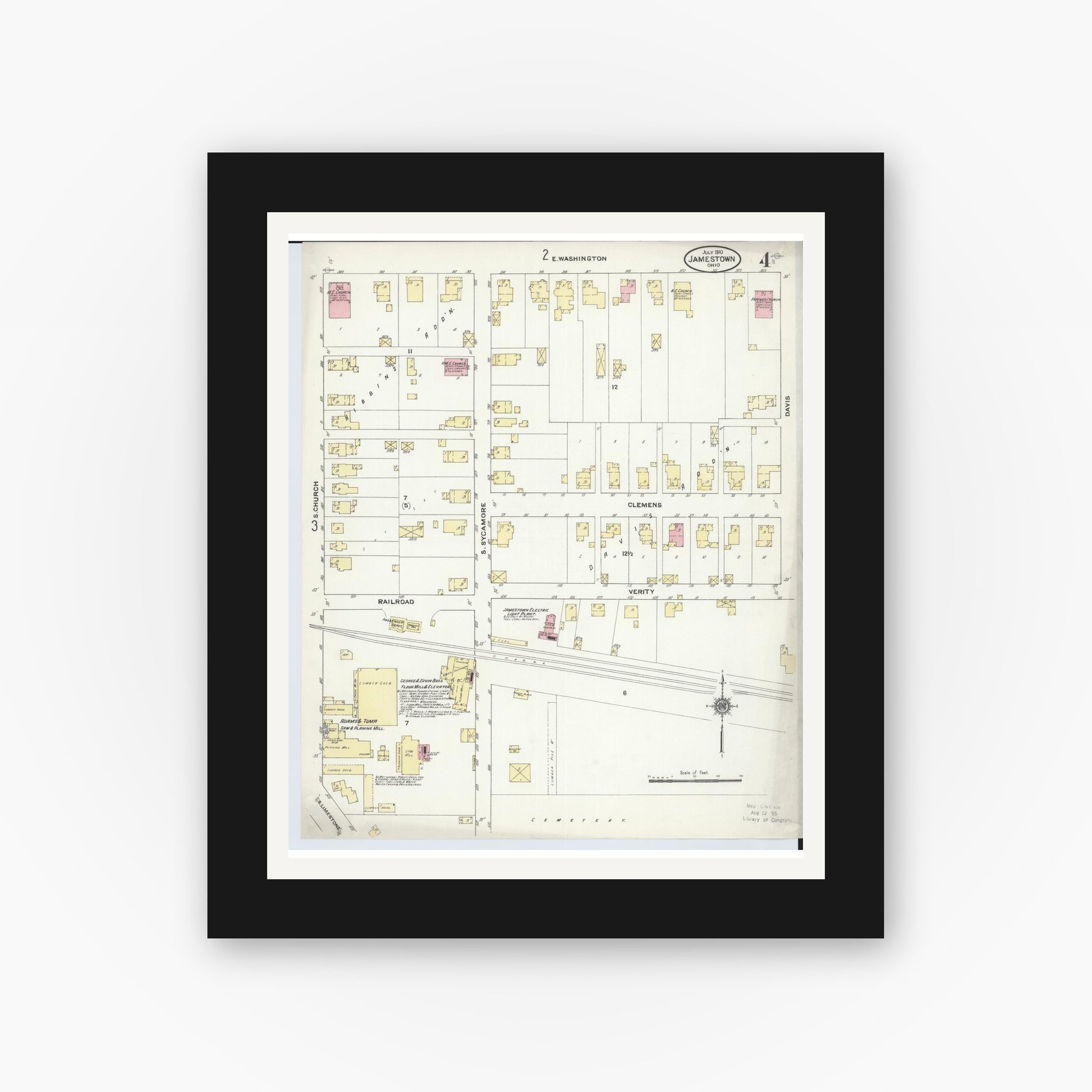 Old map wall art mockup — black gallery frame with white mat — Sanborn Fire Insurance Map from Jamestown, Greene County, Ohio (1910), Sheet #0004
