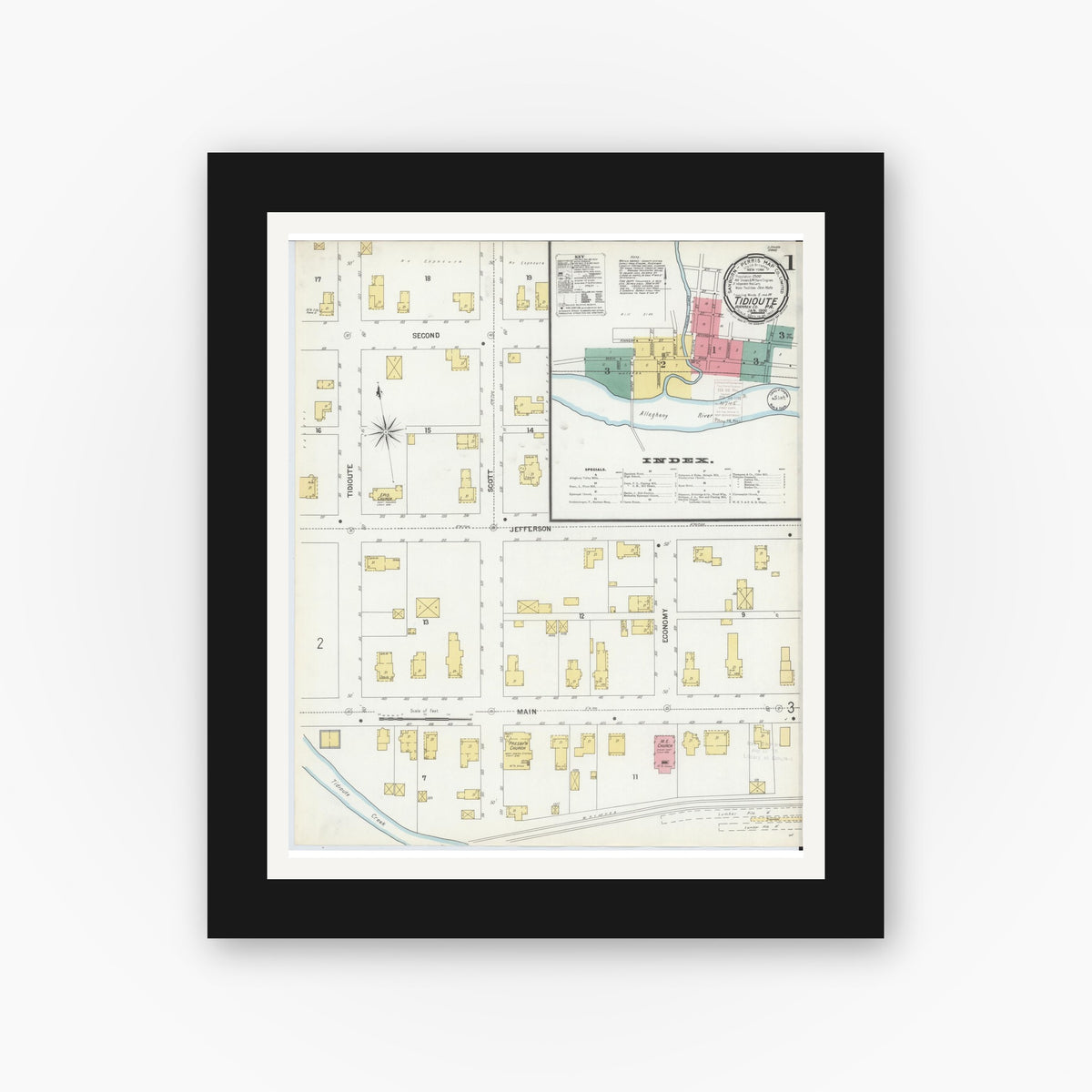 Old map wall art mockup — black gallery frame with white mat — Sanborn Fire Insurance Map from Tidioute, Warren County, Pennsylvania (1900) - Complete Map Set
