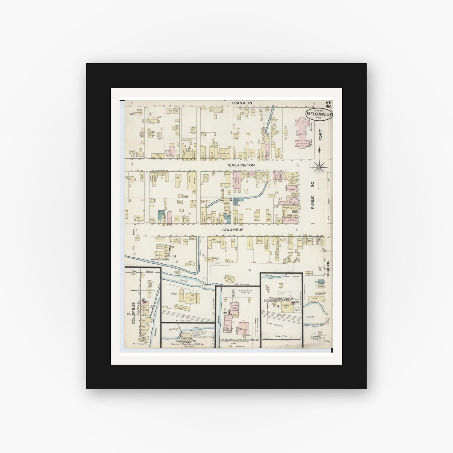 Old map wall art mockup — black gallery frame with white mat — Sanborn Fire Insurance Map from Nelsonville, Athens County, Ohio (1887), Sheet #0002