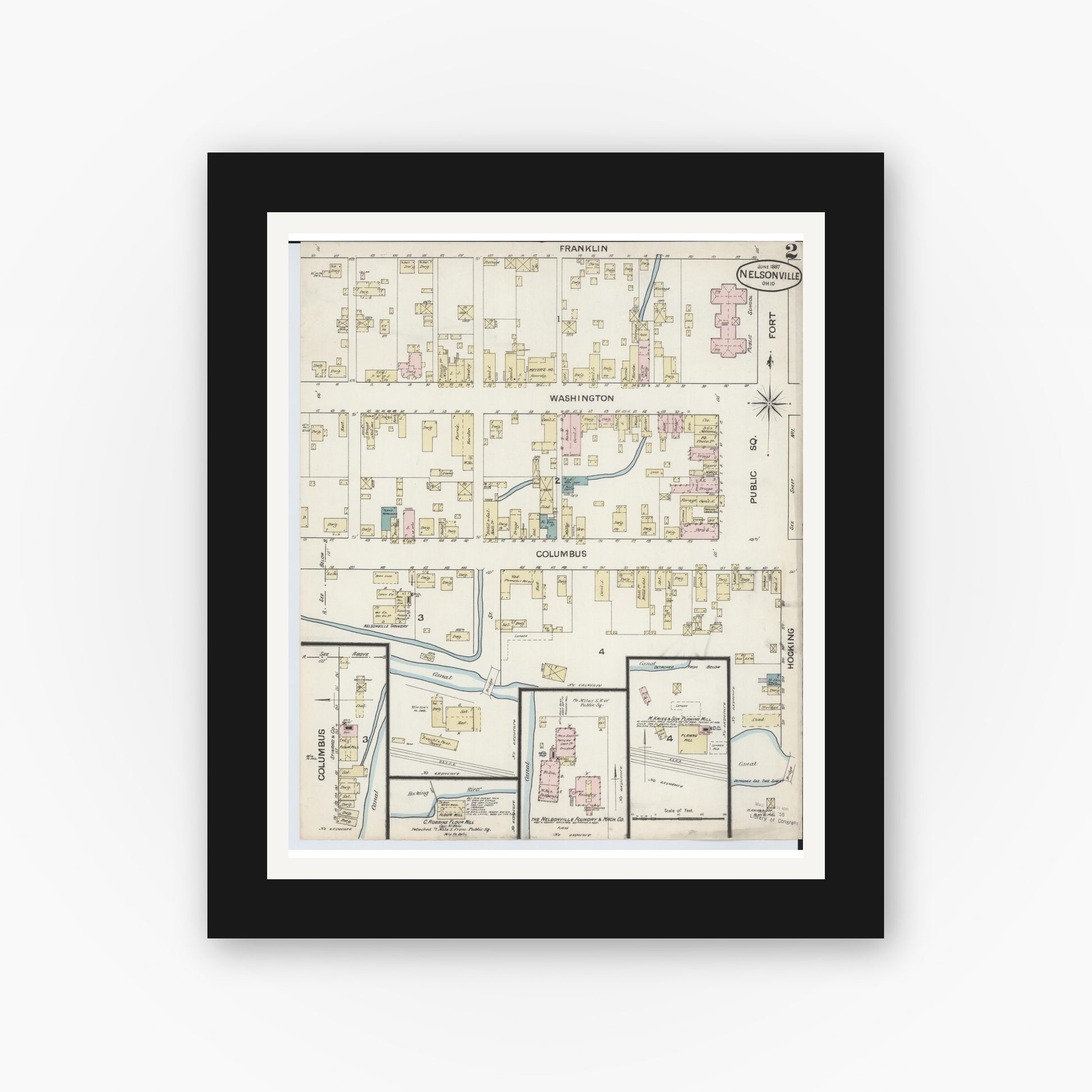 Old map wall art mockup — black gallery frame with white mat — Sanborn Fire Insurance Map from Nelsonville, Athens County, Ohio (1887), Sheet #0002