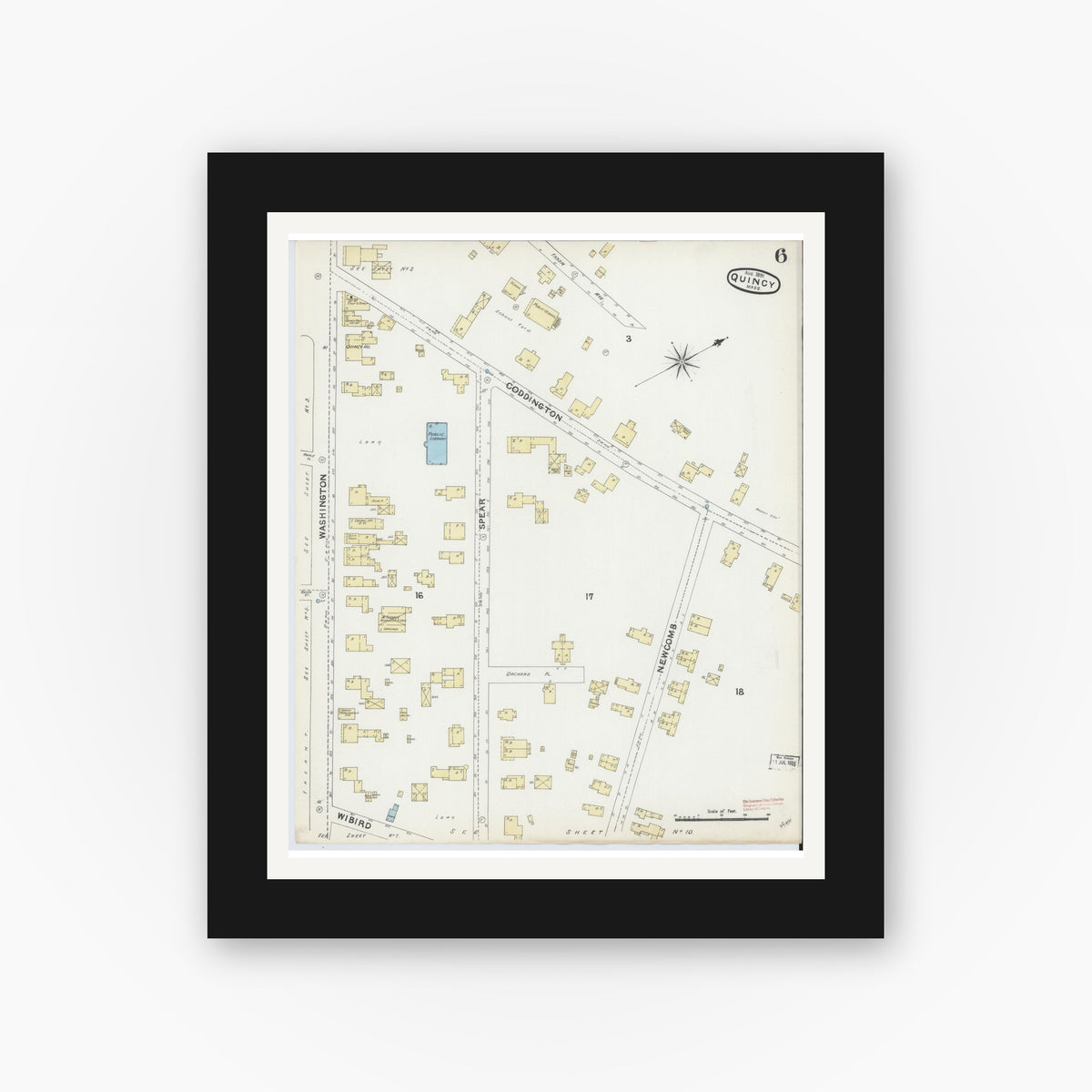 Old map wall art mockup — black gallery frame with white mat — Sanborn Fire Insurance Map from Quincy, Norfolk County, Massachusetts (1891), Sheet #0006