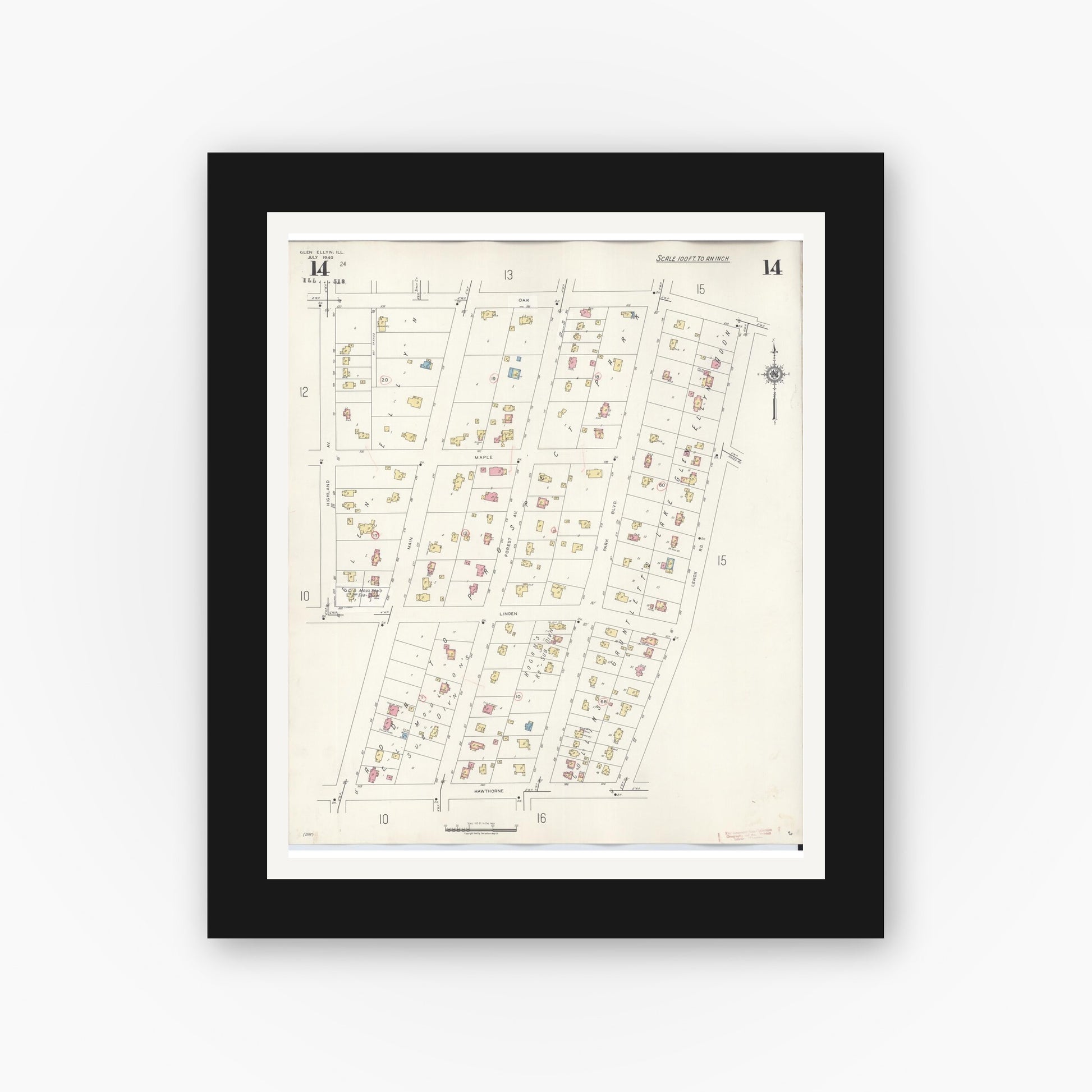 Old map wall art mockup — black gallery frame with white mat — Sanborn Fire Insurance Map from Glen Ellyn, Du Page County, Illinois (1946), Sheet #0014
