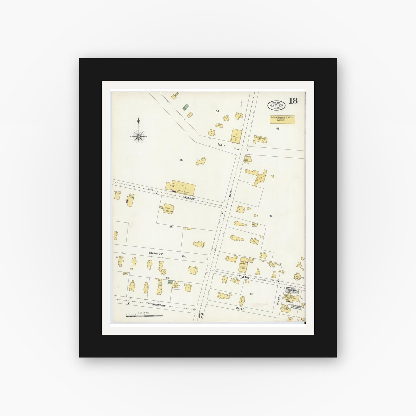 Old map wall art mockup — black gallery frame with white mat — Sanborn Fire Insurance Map from Natick, Middlesex County, Massachusetts (1904), Sheet #0018